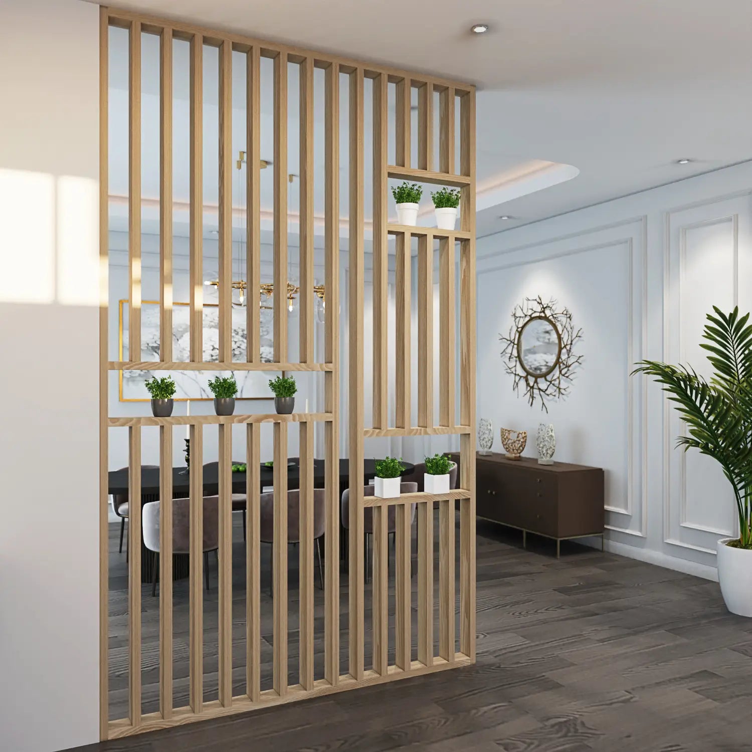plant divider wall indoor Doxa Wall Slat Divider With Shelves