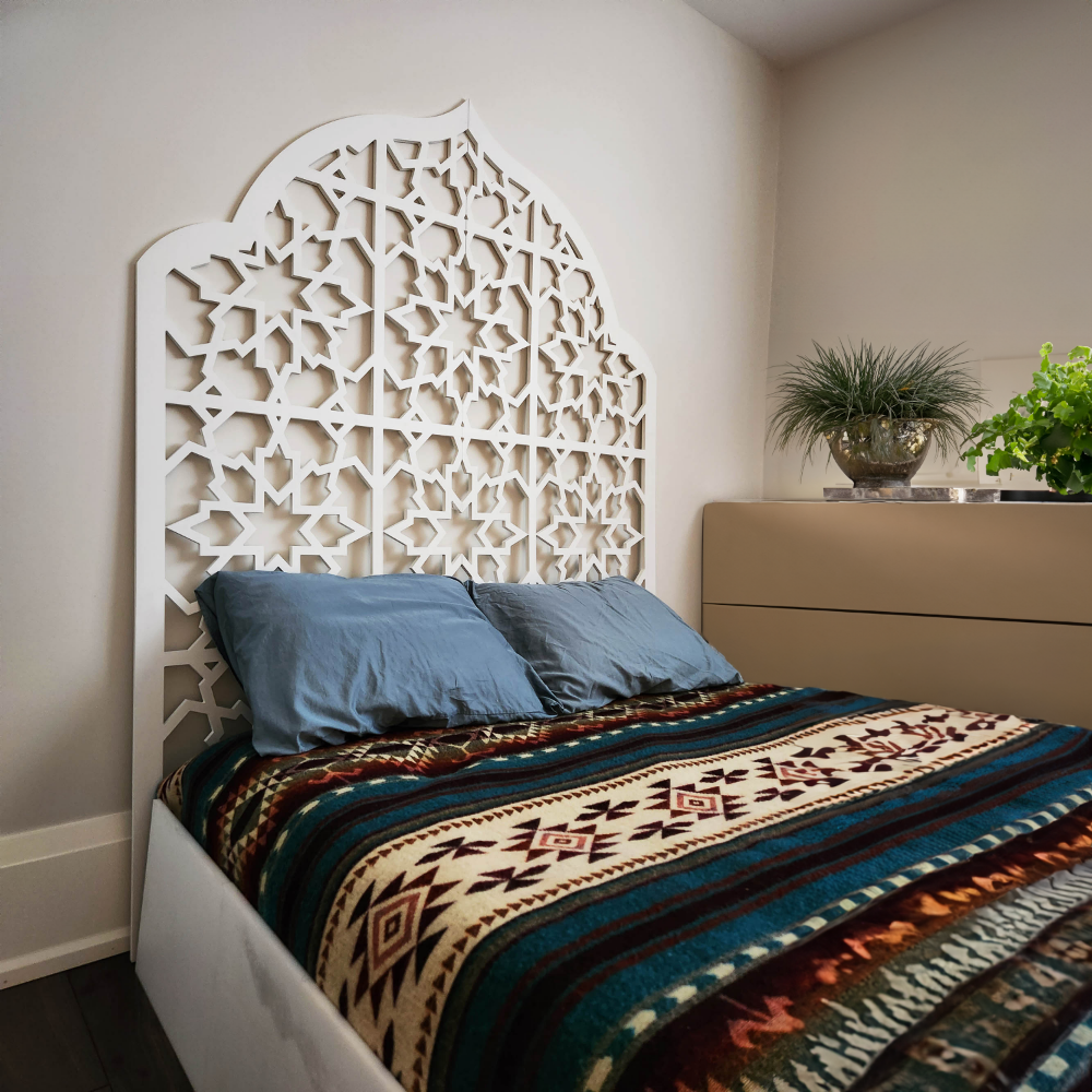 Custom design headboard, Bedroom decor, Crescent-shaped crown, Headboard