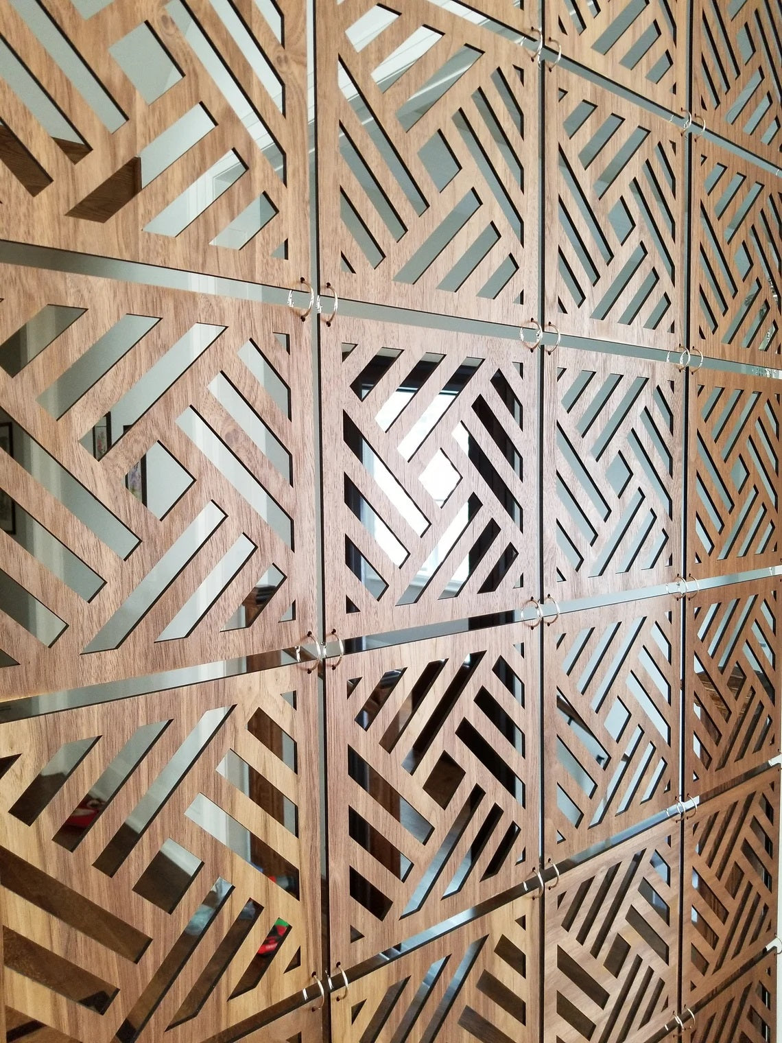 Walnut veneer hanging room divider, hanging wall divider