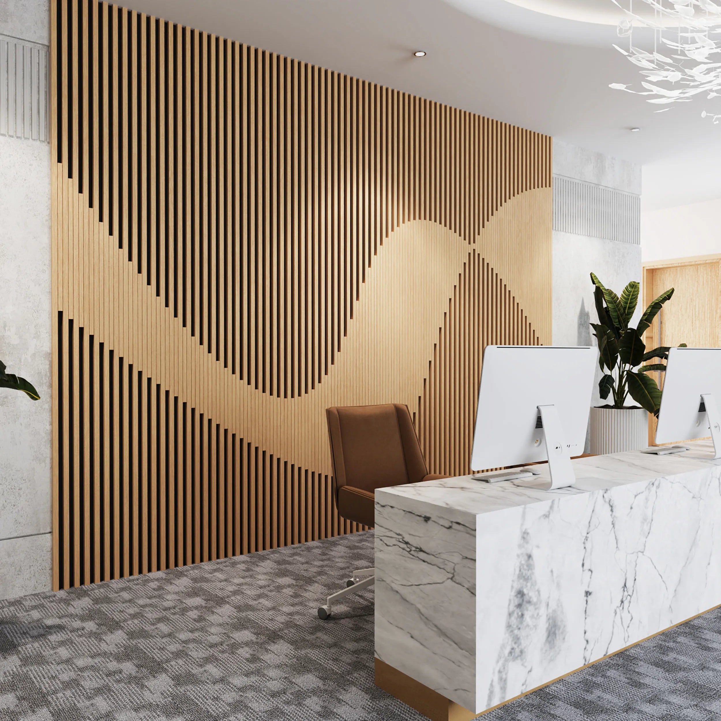 Modern office interior with a marble desk and wooden wall design.