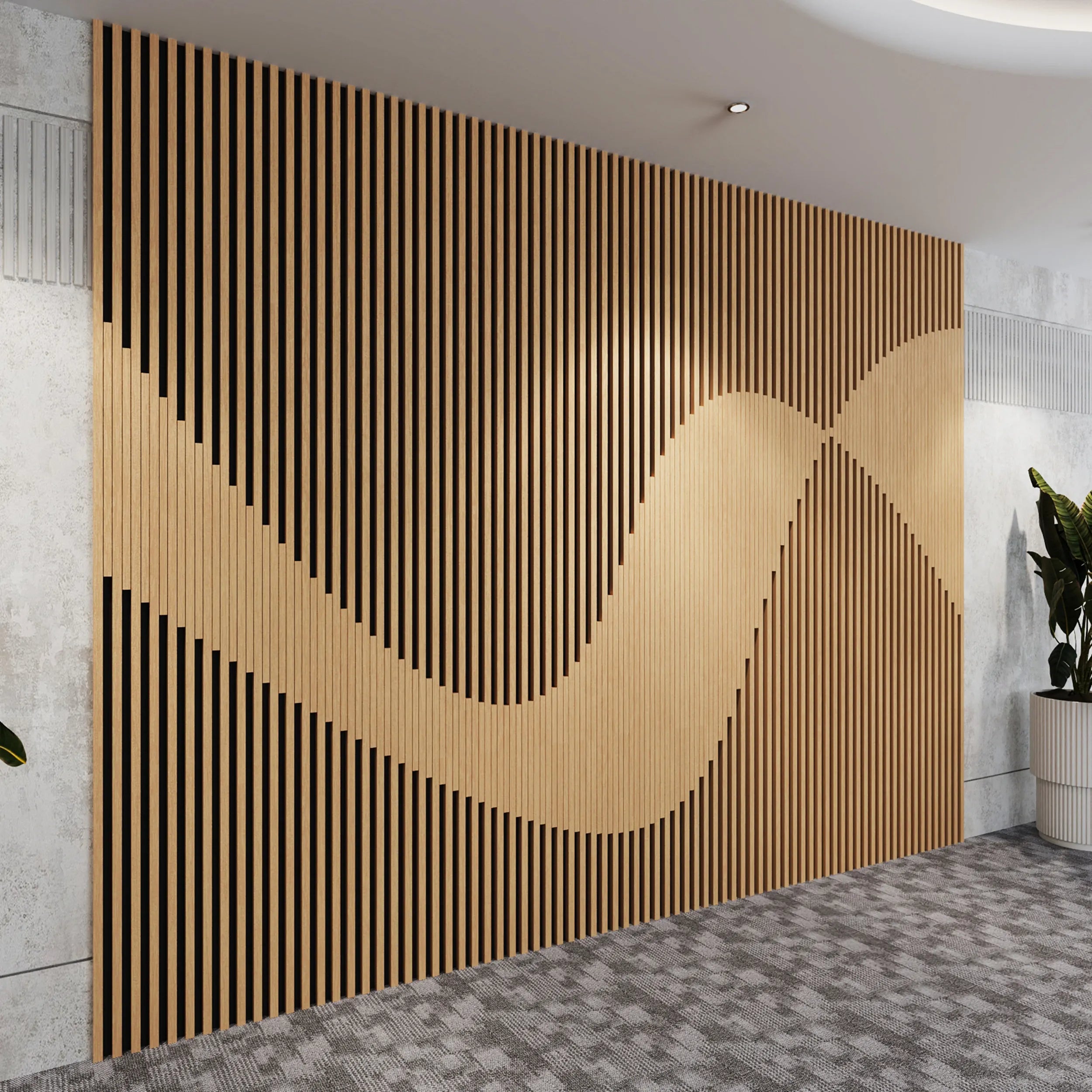 Wall with geometric wooden panel design in a modern interior setting
