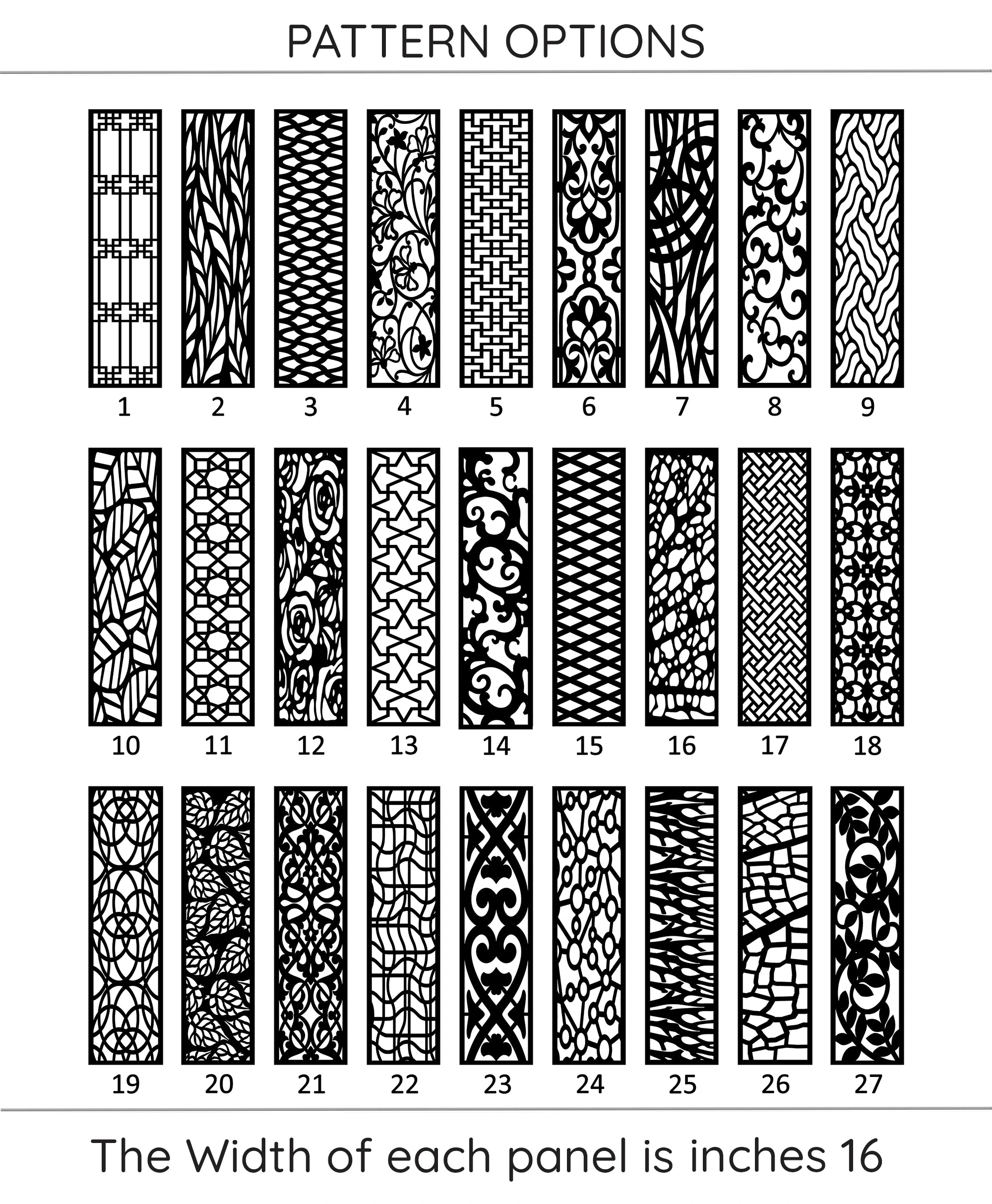 Grid of 27 pattern options with a width of 16 inches each.