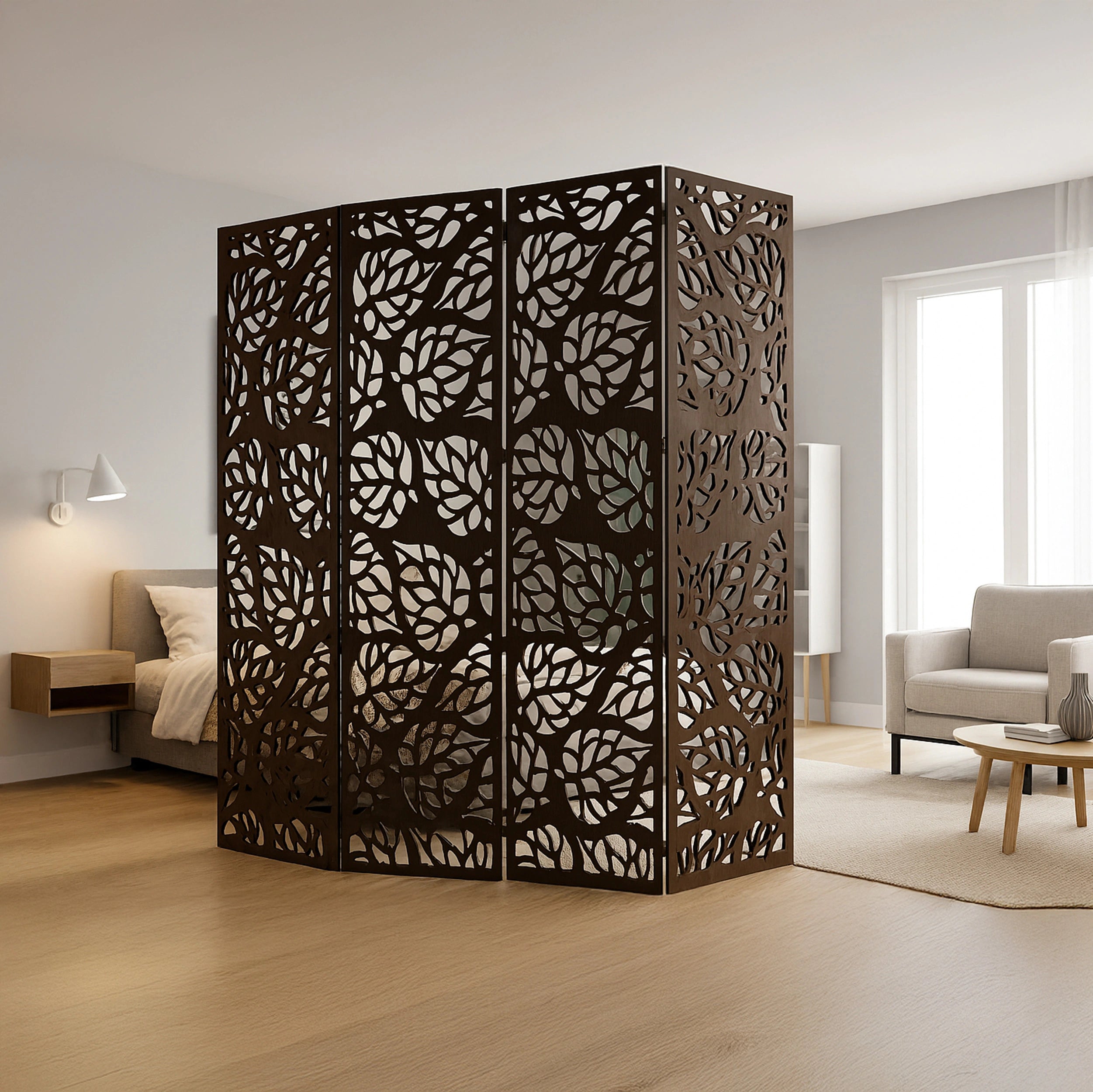 Decorative room divider screen in a modern living room setting