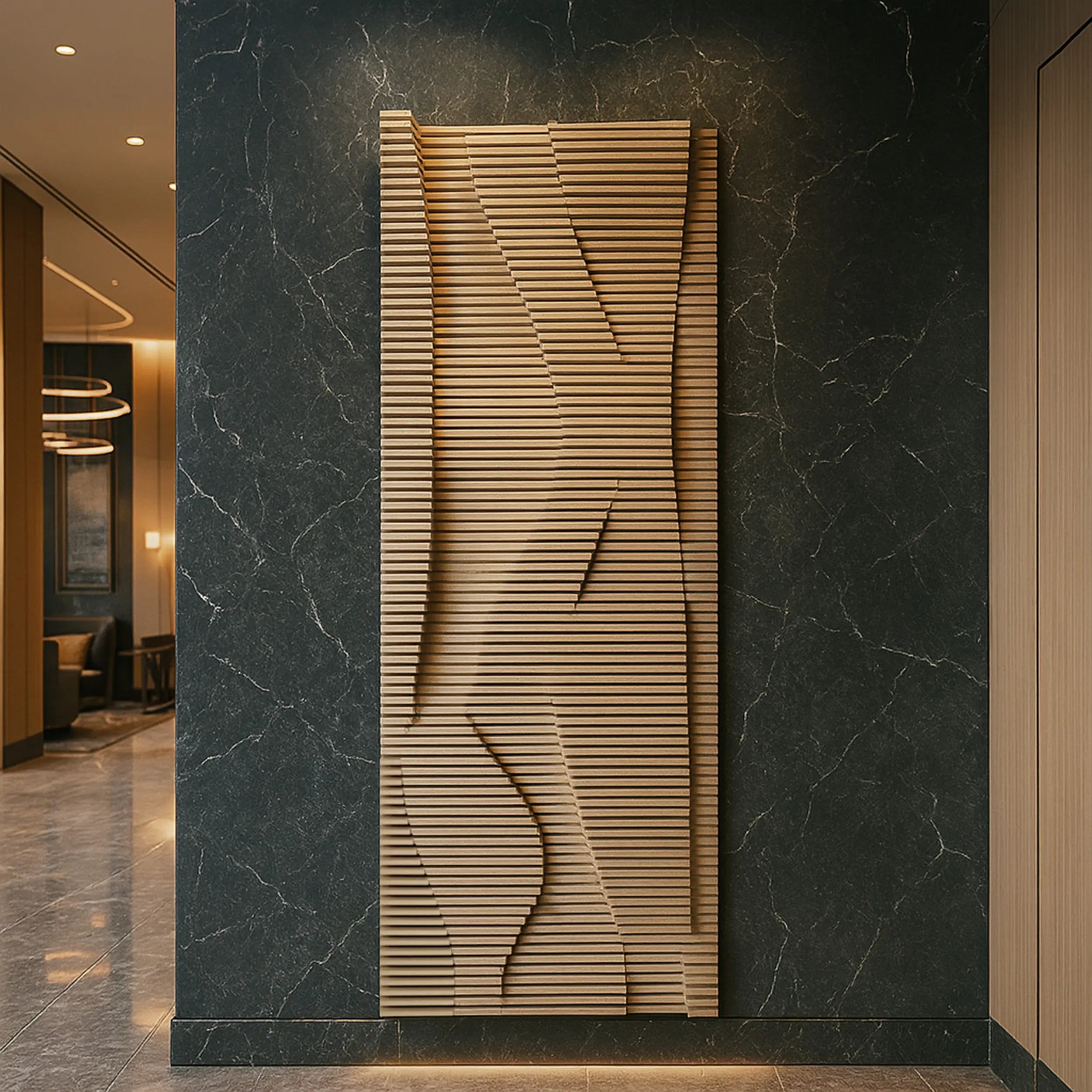 Decorative wall panel with wavy wooden slats on a dark marble wall
