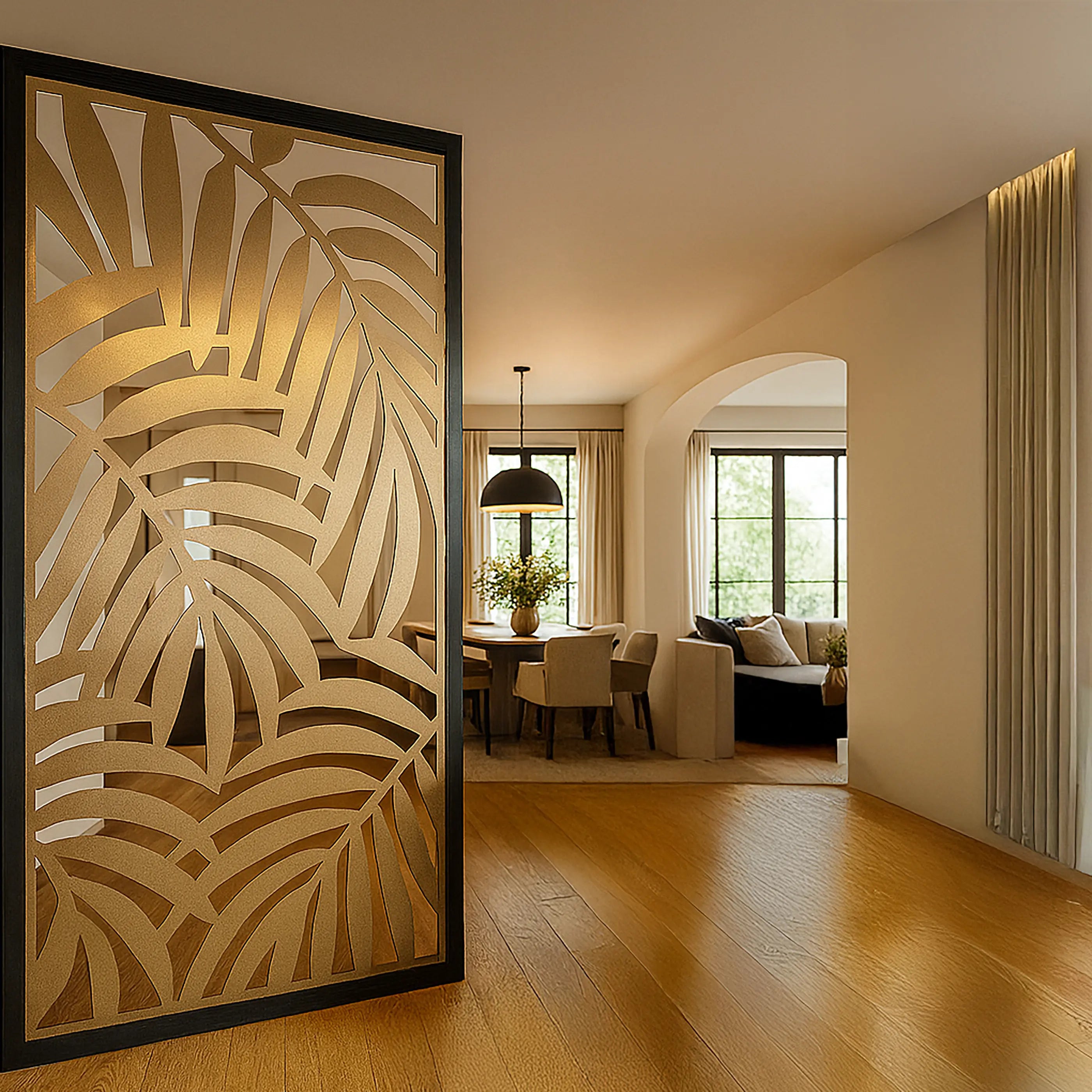 Decorative screen with leaf pattern in a modern living room