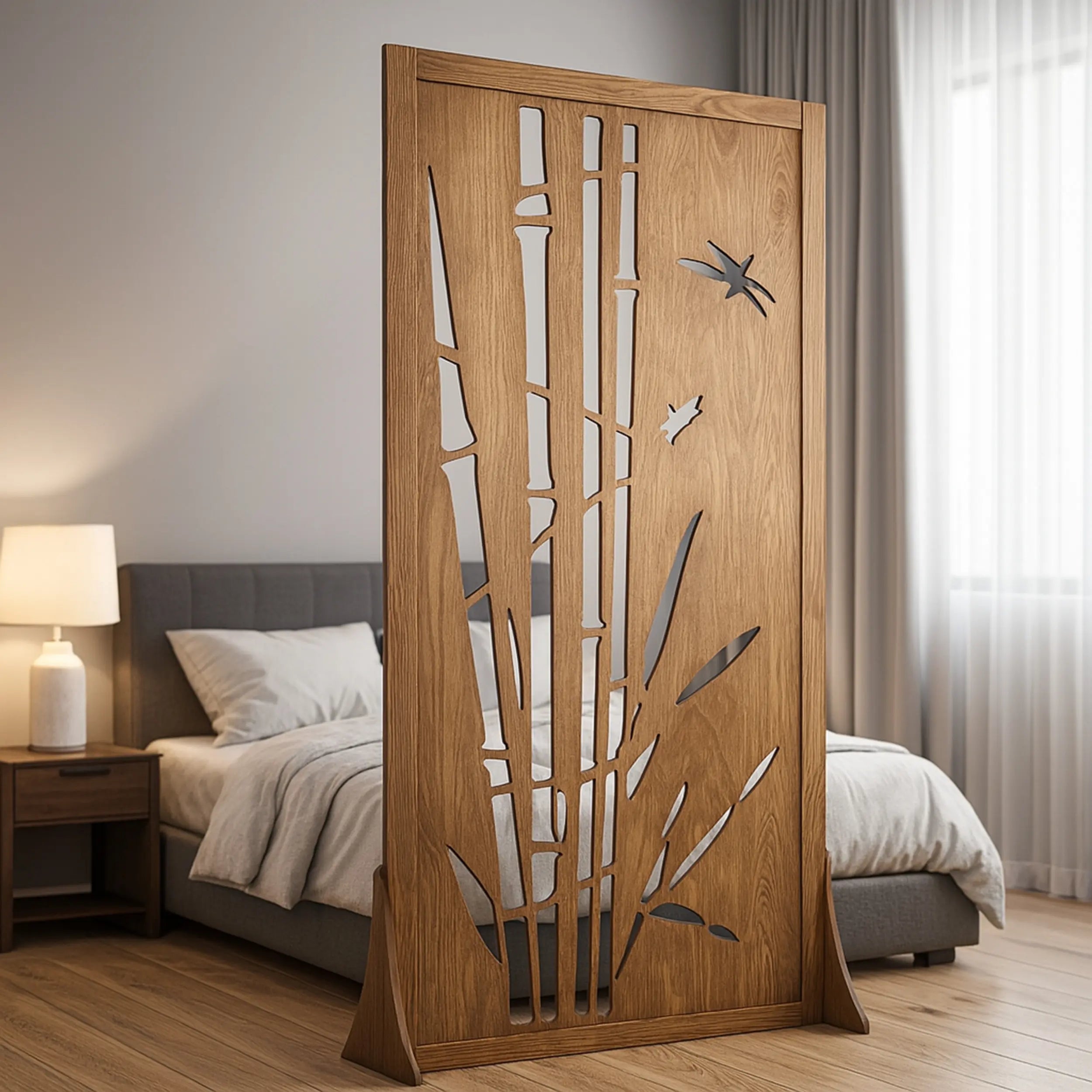 Wooden room divider with decorative cutouts in a bedroom setting