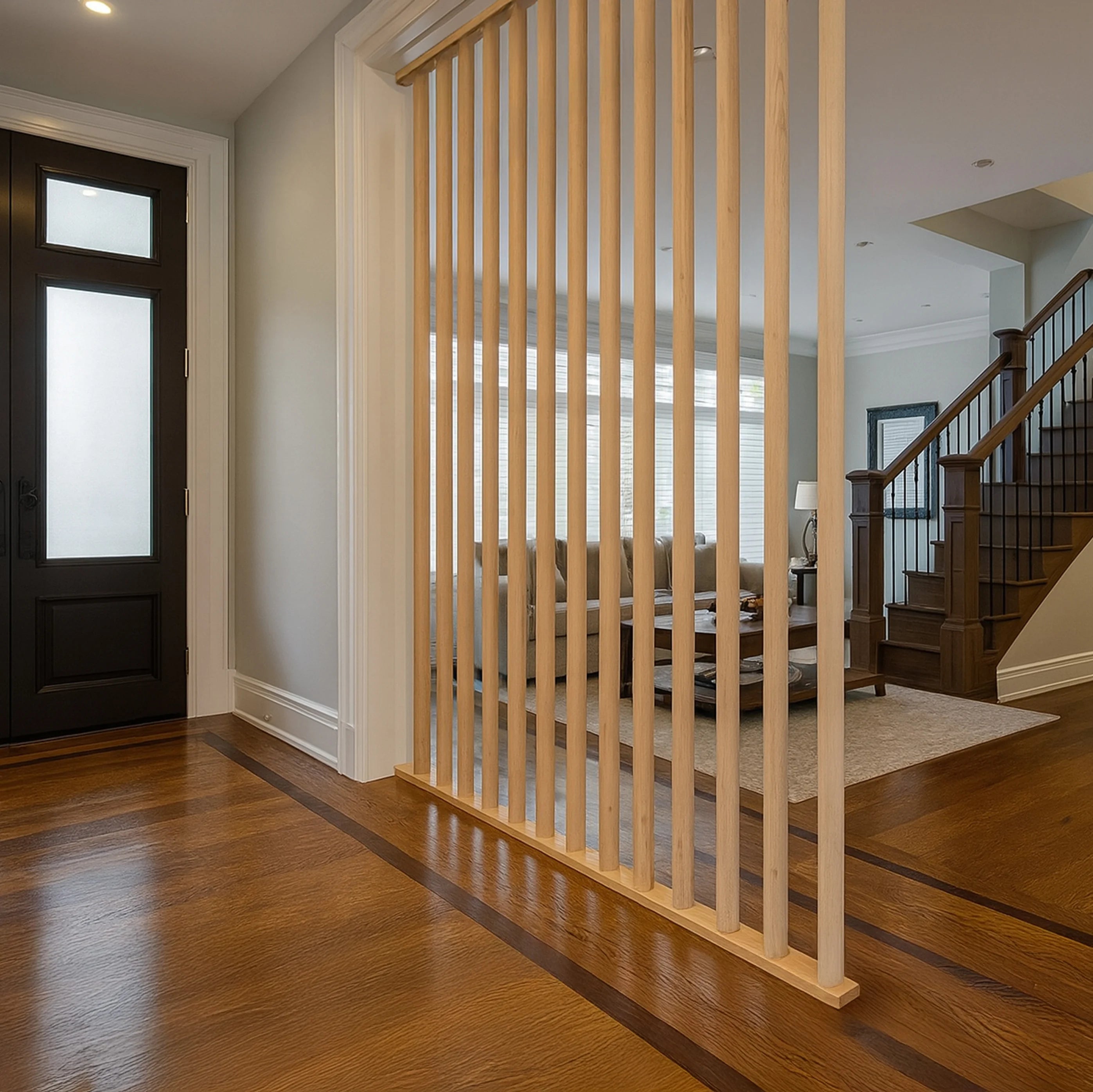 Wooden room divider in a modern home interior with a living room and staircase.