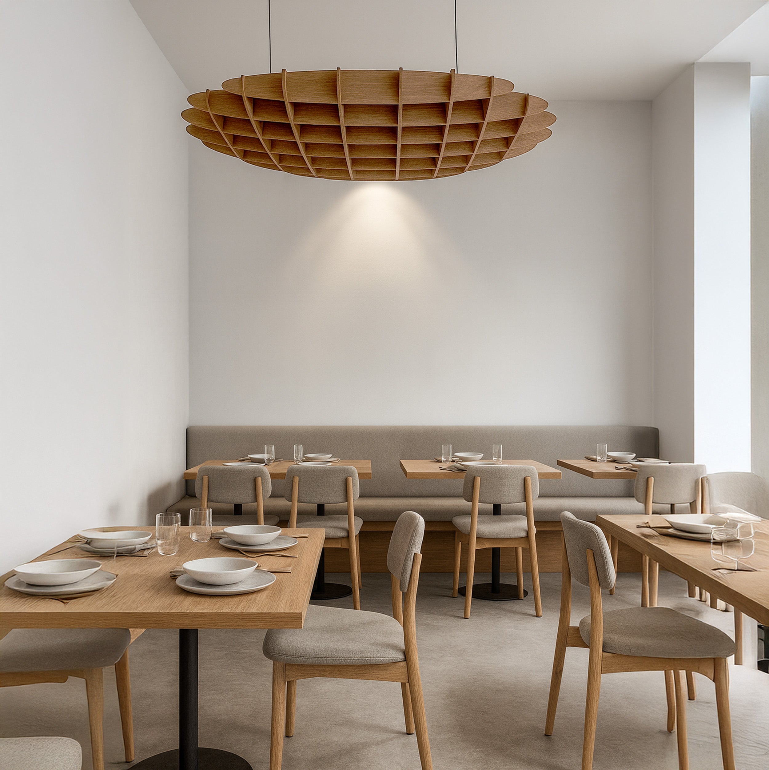 Modern restaurant interior with wooden tables, chairs, and a large wooden pendant light.
