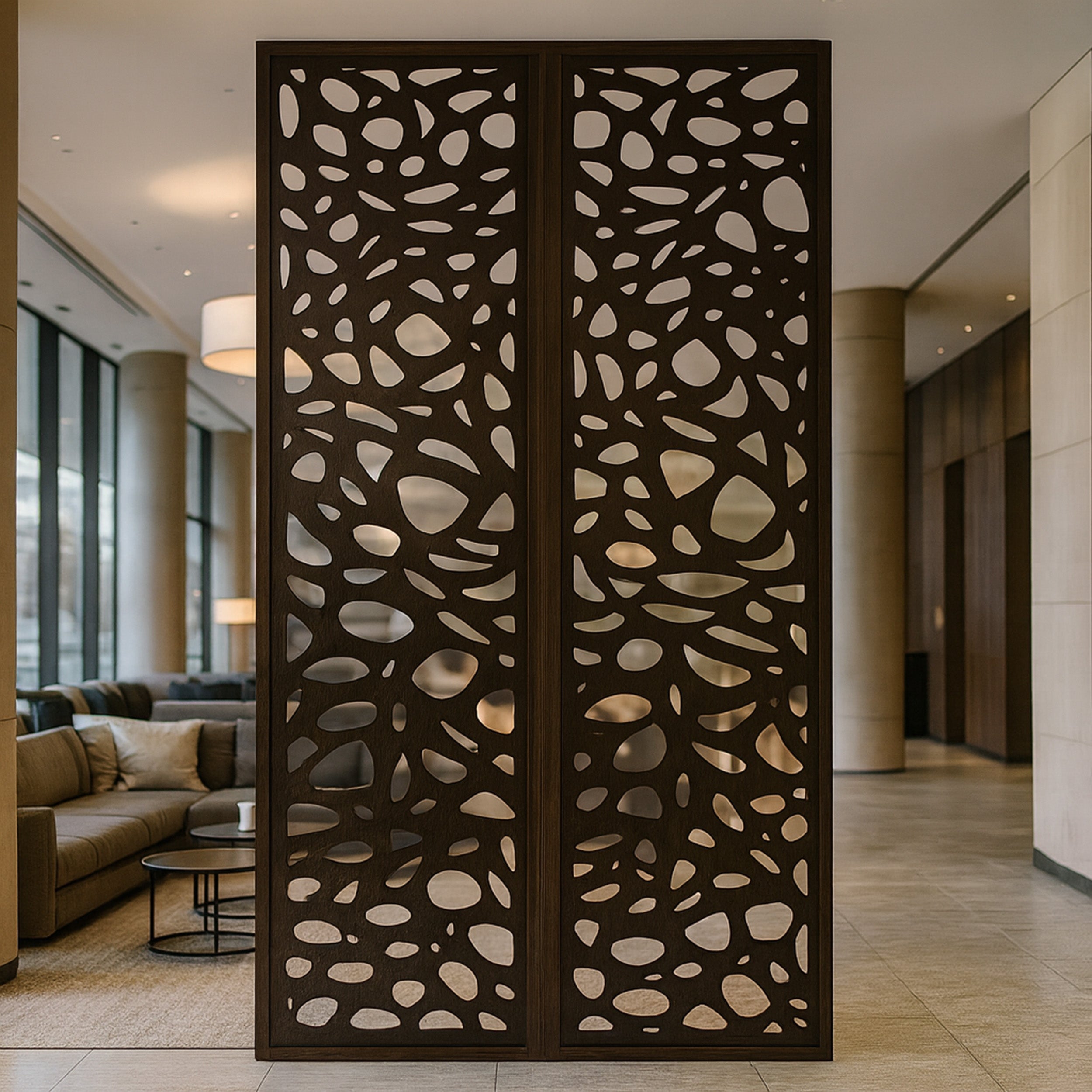 Decorative screen with a pattern in a modern indoor setting