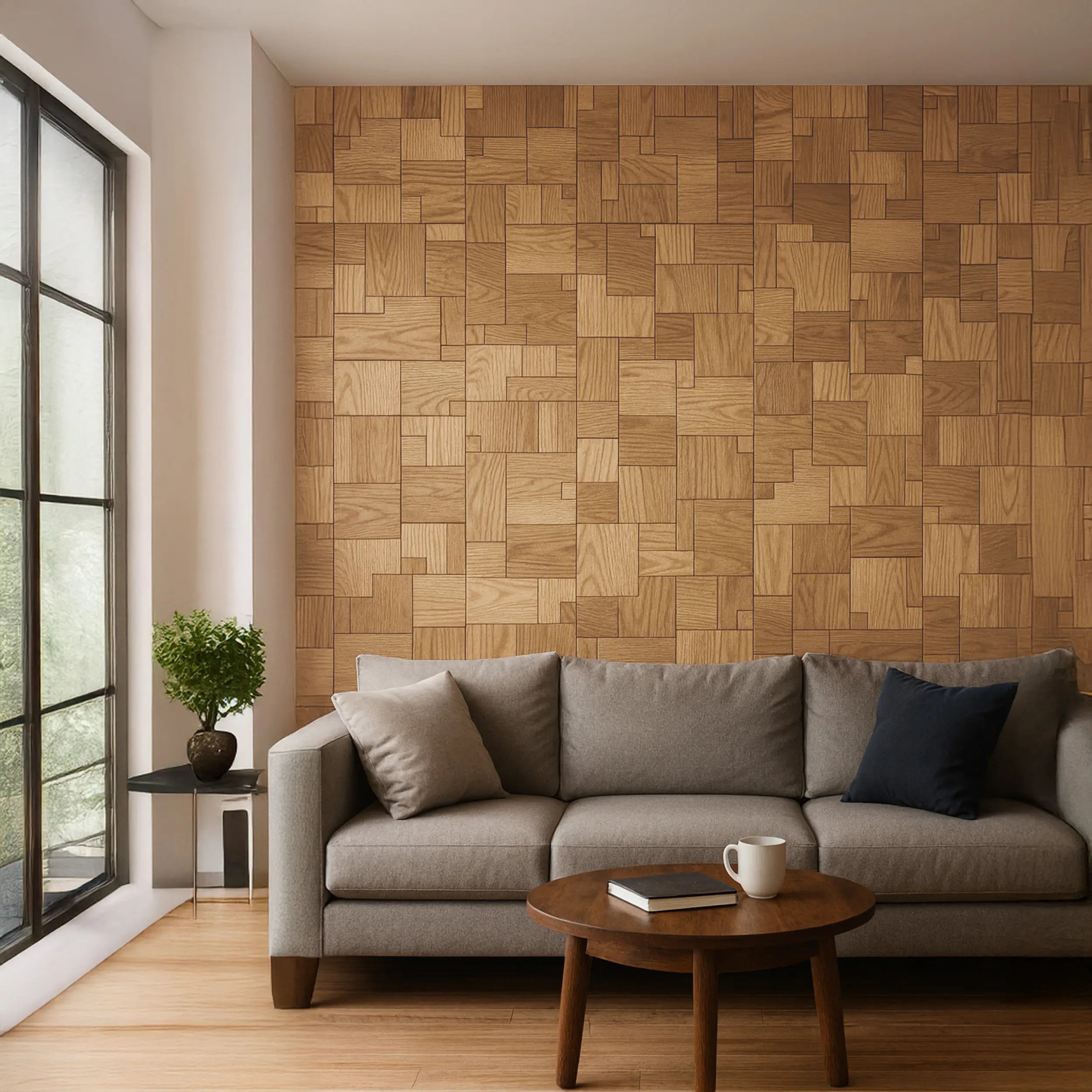 Living room with a gray sofa, wooden coffee table, and patterned wooden wall.