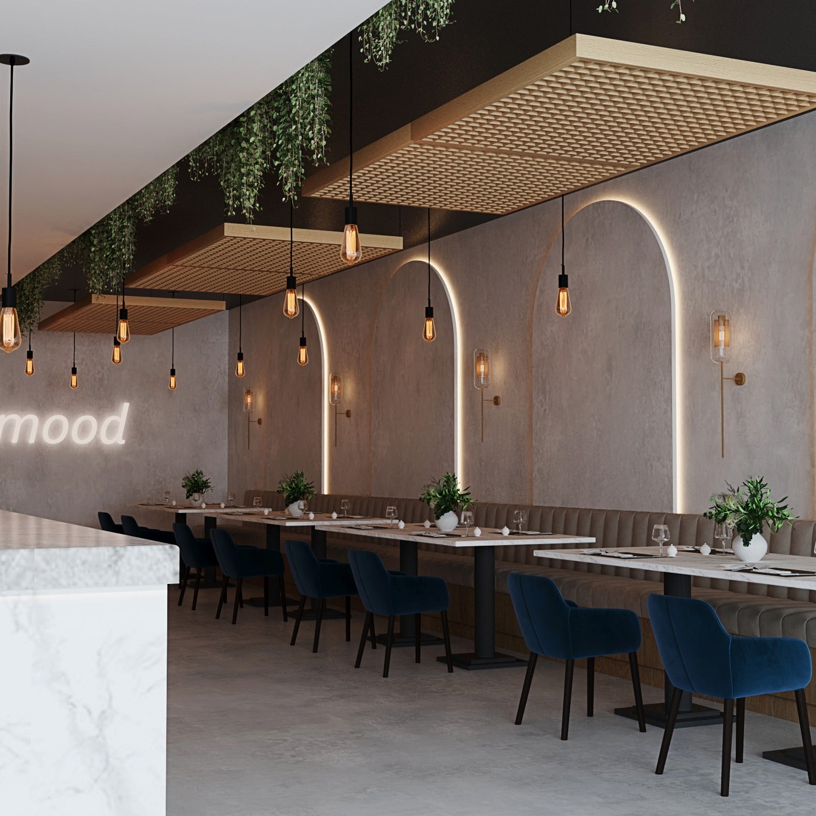 Modern restaurant interior with long tables, blue chairs, and decorative lighting.