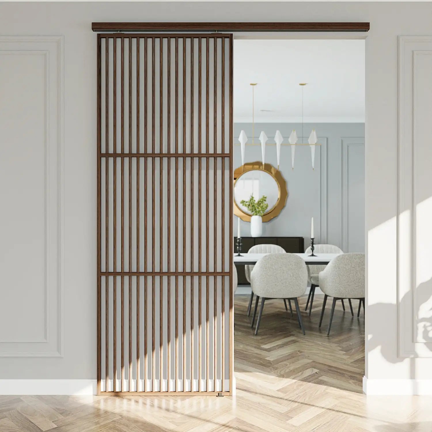 Modern interior with a sliding wooden screen door leading to a dining area.