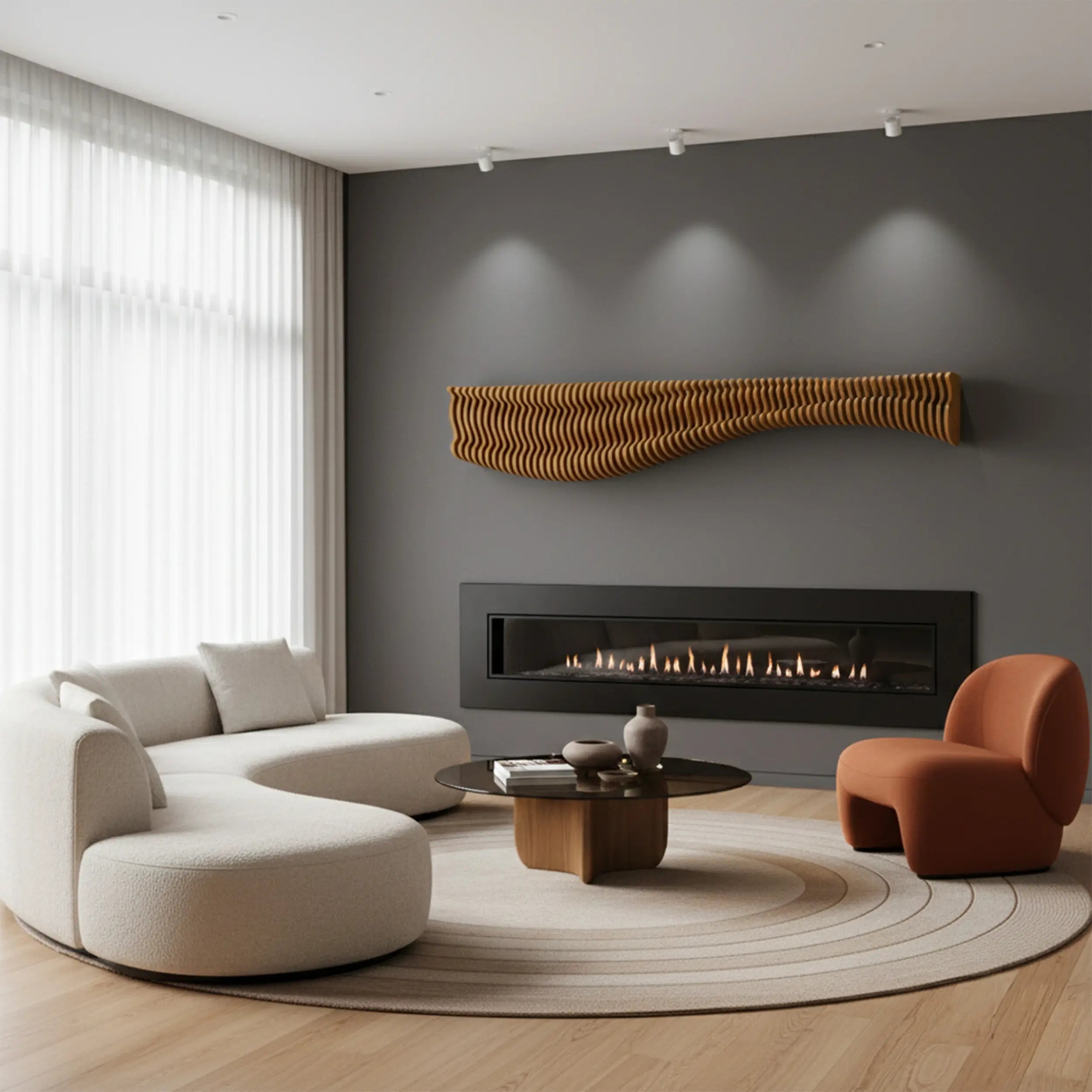 Modern living room with a fireplace, white sofa, and orange chair.