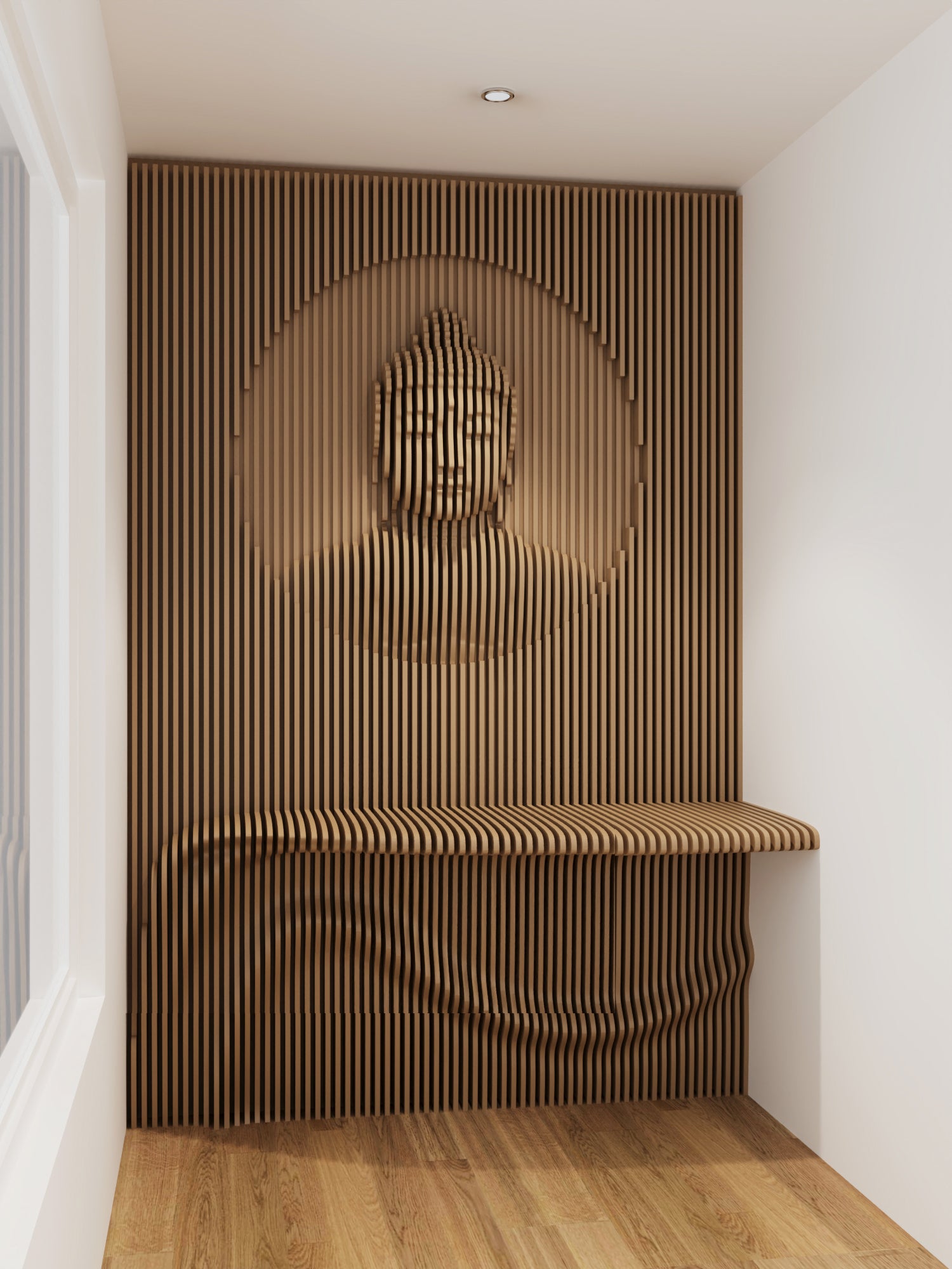Wooden wall art with a Buddha head design in a minimalistic room.
