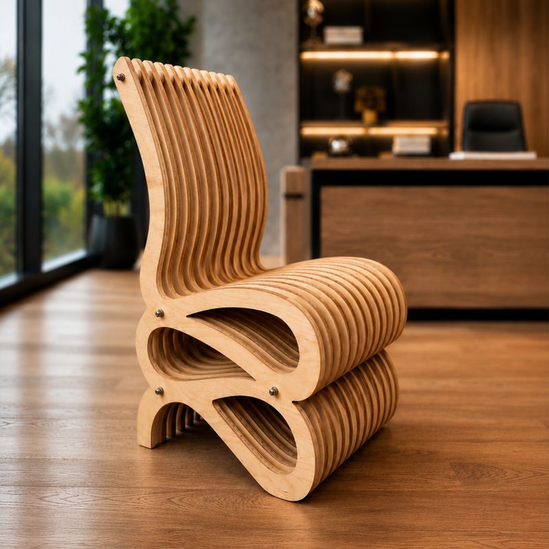 A modern sculptural wooden chair made of layered curved plywood slats, shown on a polished wood floor in a contemporary office or showroom setting.