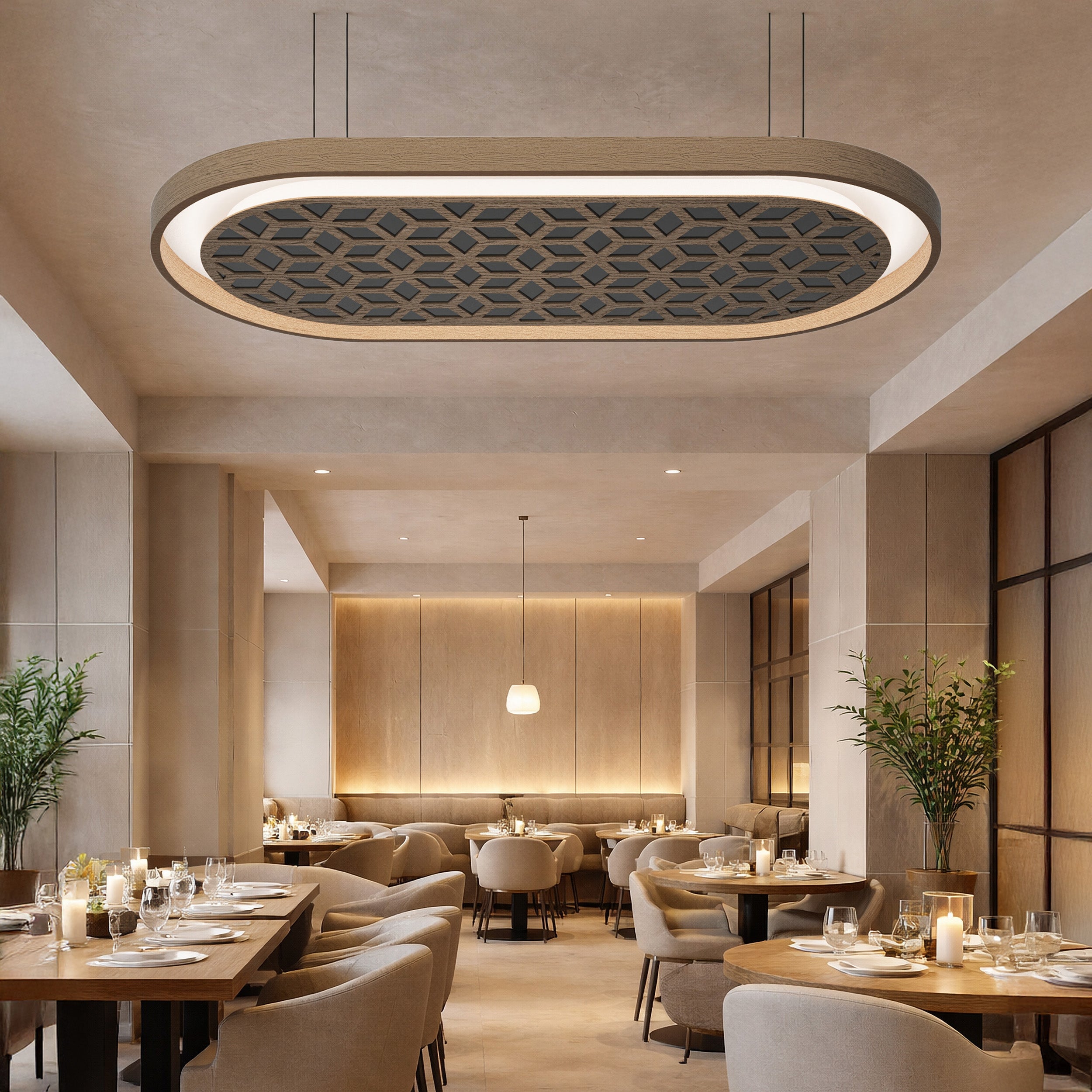 Modern restaurant interior with ceiling light fixture