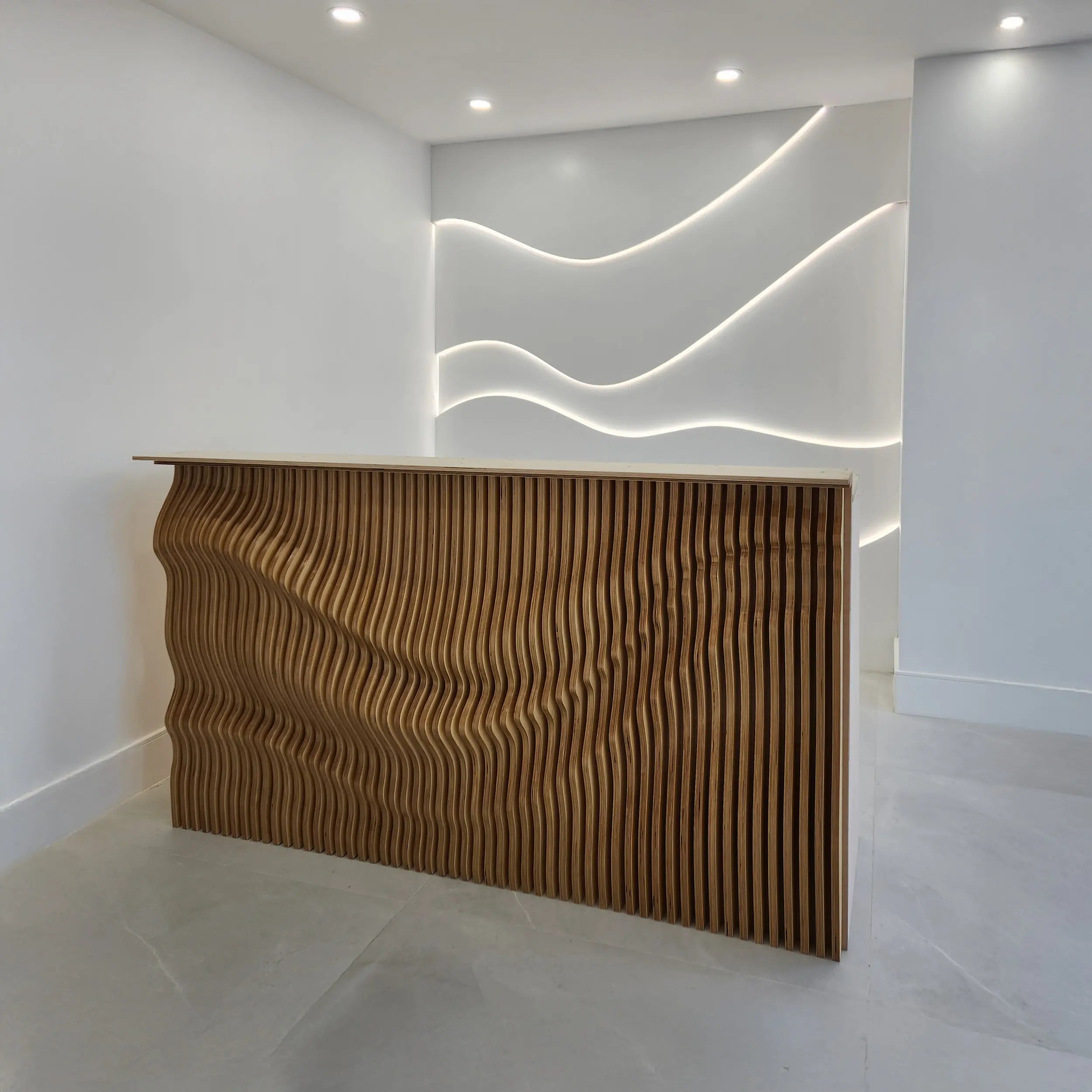 Modern interior design with a wavy wooden panel and white wall with LED lighting.