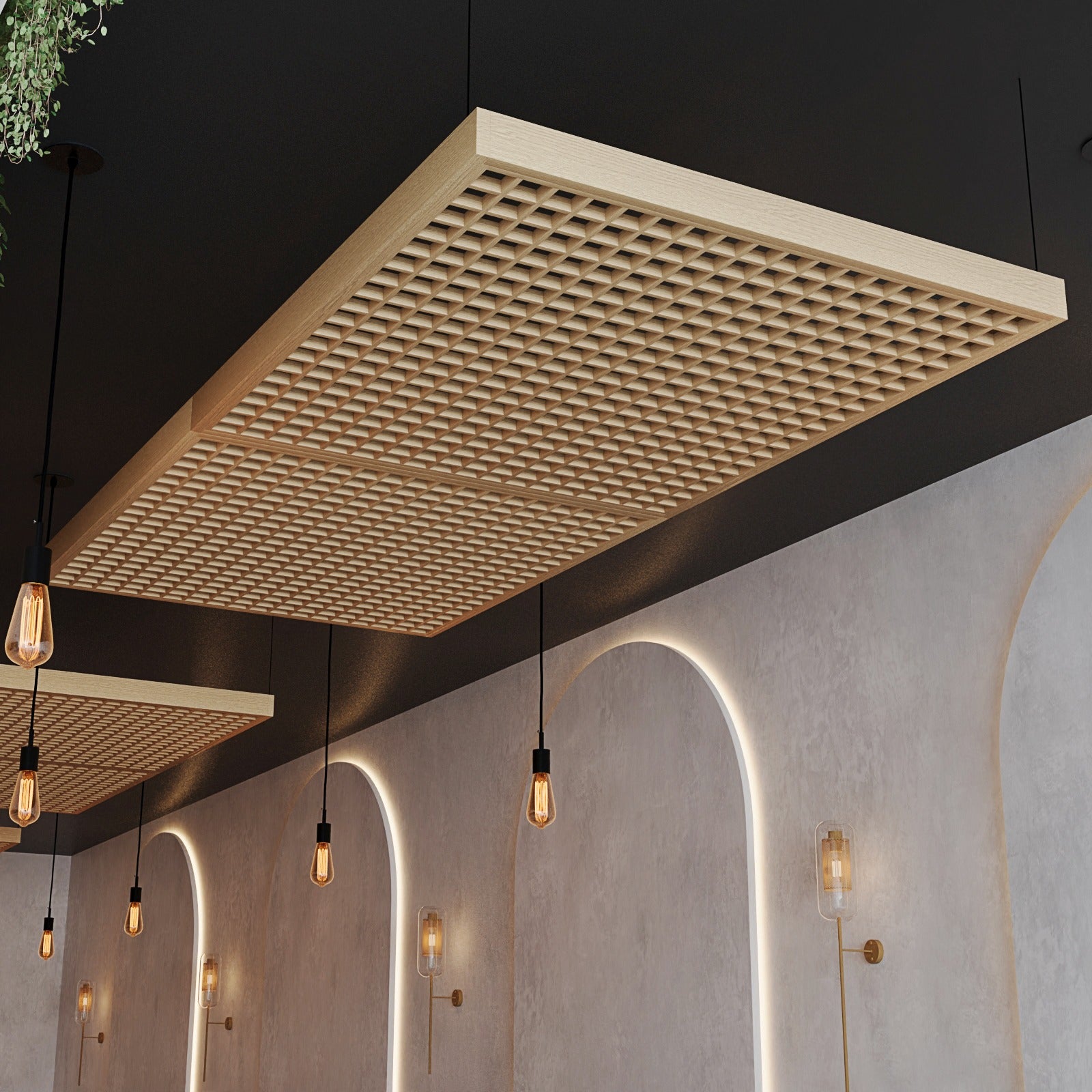 Ceiling with decorative grid and modern lighting fixtures in a stylish interior setting.