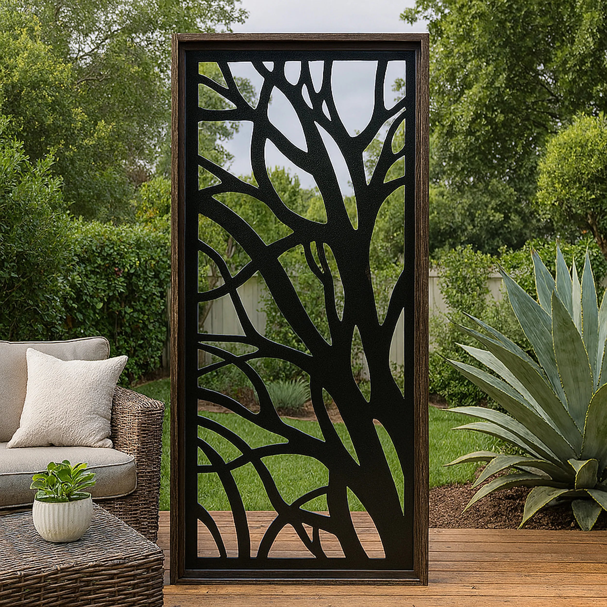Decorative outdoor screen with tree design in a garden setting
