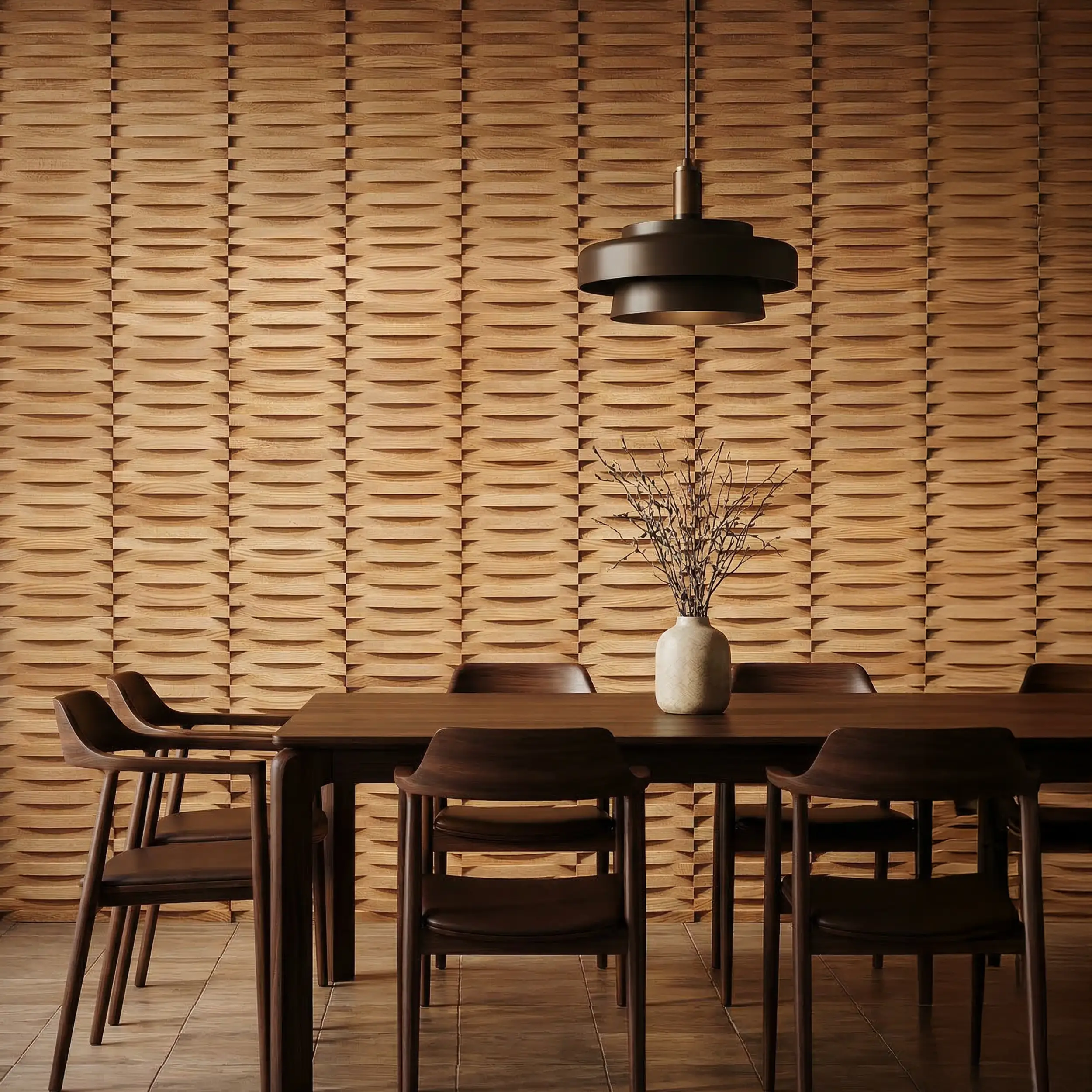 Dining area with wooden table and chairs against a textured wooden wall.