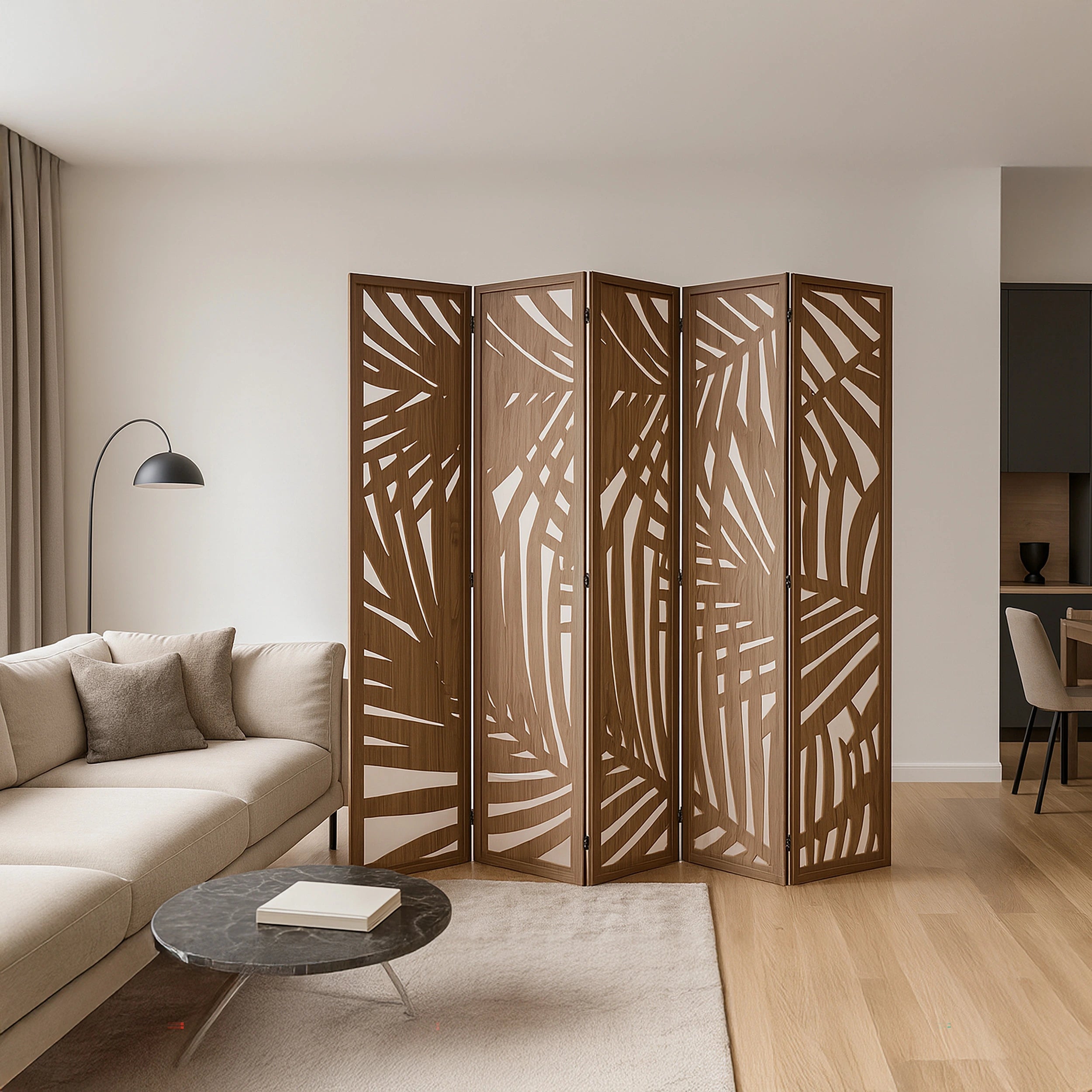 Wooden room divider with leaf pattern in a living room setting