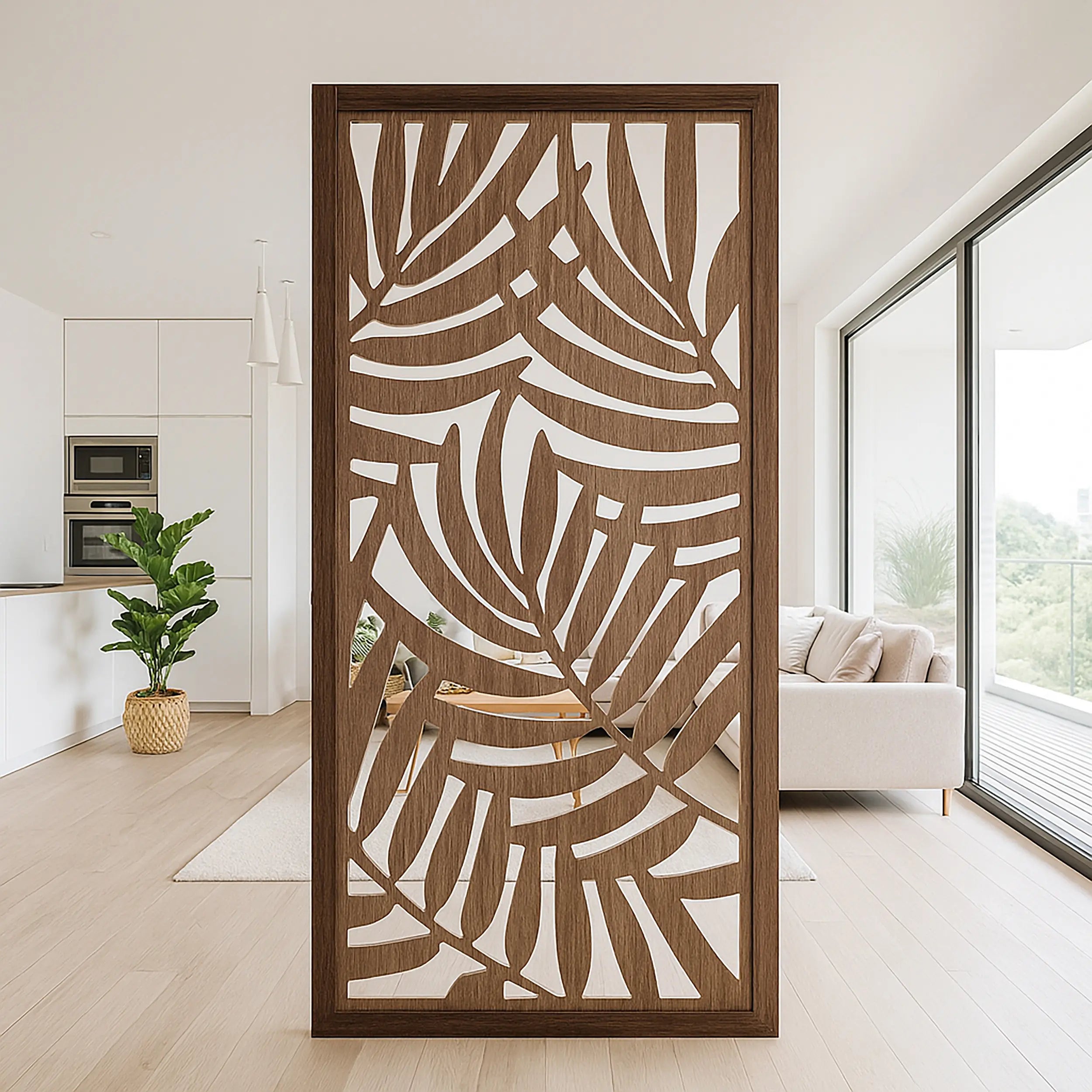 Decorative wooden screen with leaf pattern in a modern living room