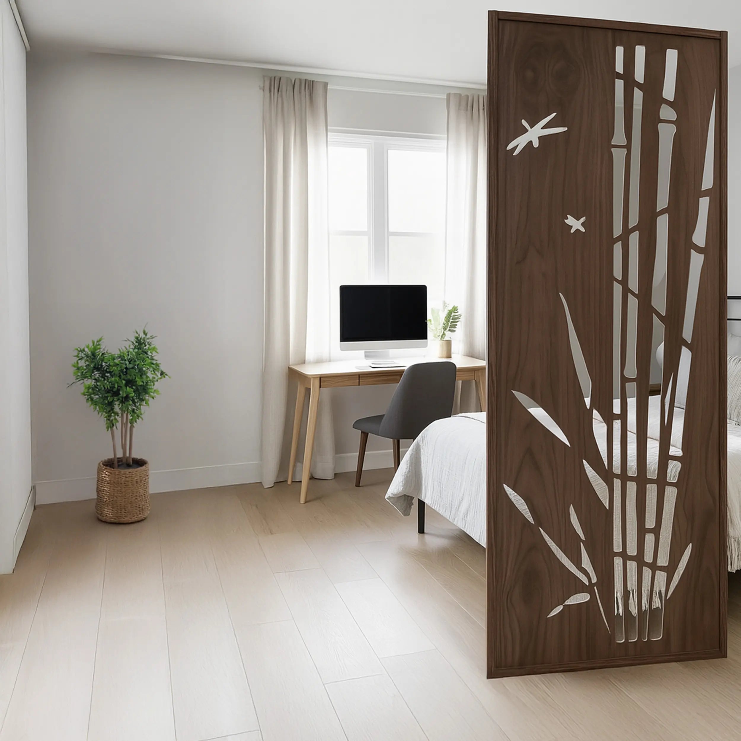 Room divider with bamboo design in a bedroom setting