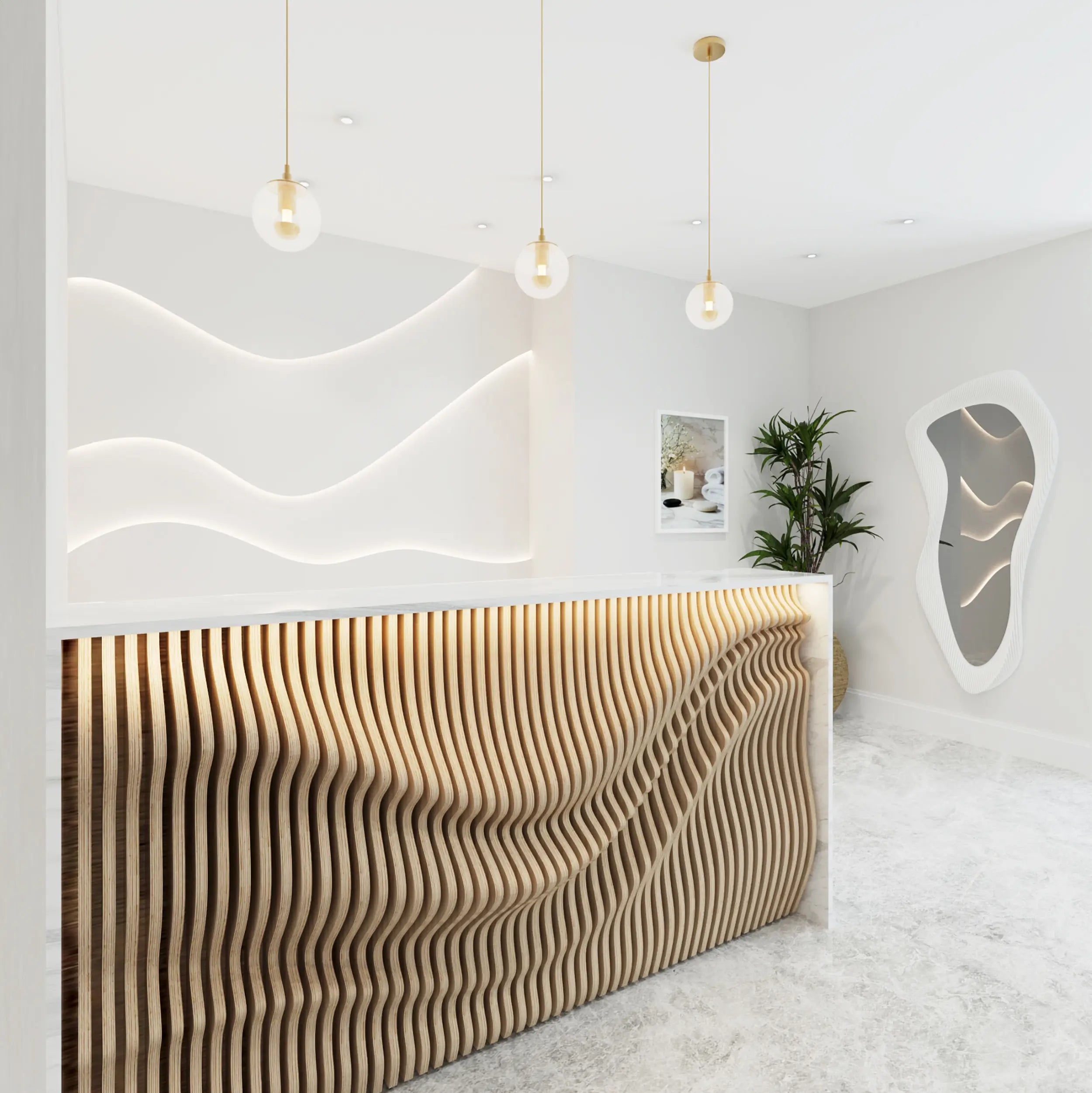 Modern reception desk with wavy wooden design in a minimalistic office setting
