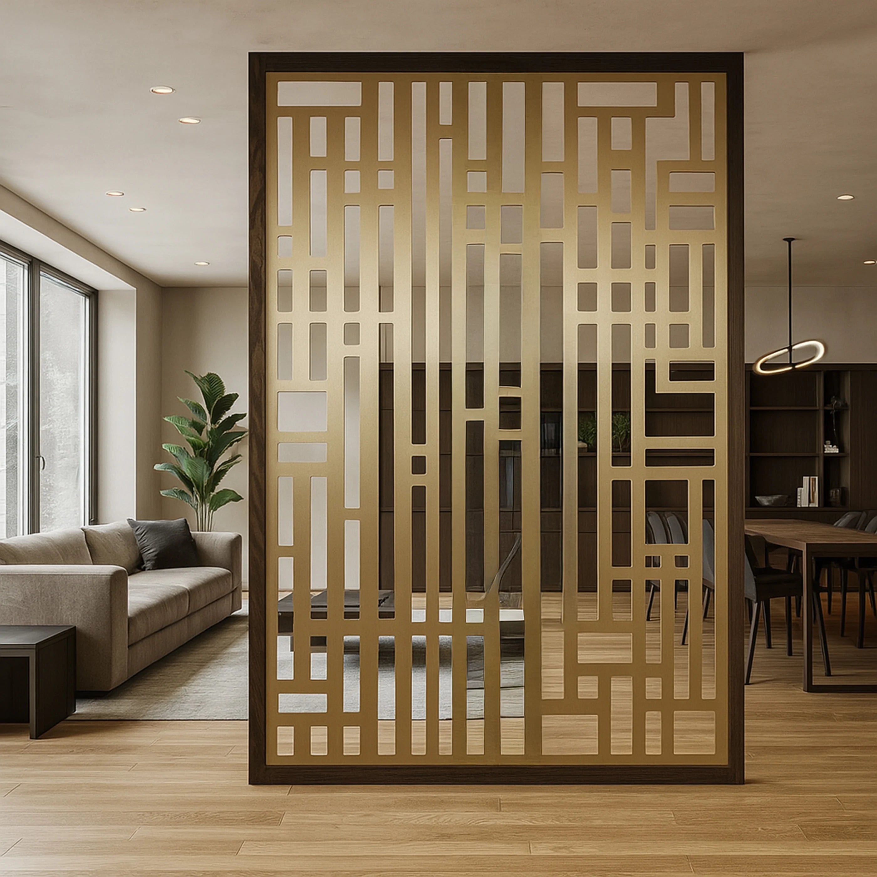 Decorative golden privacy screen in a modern living room setting