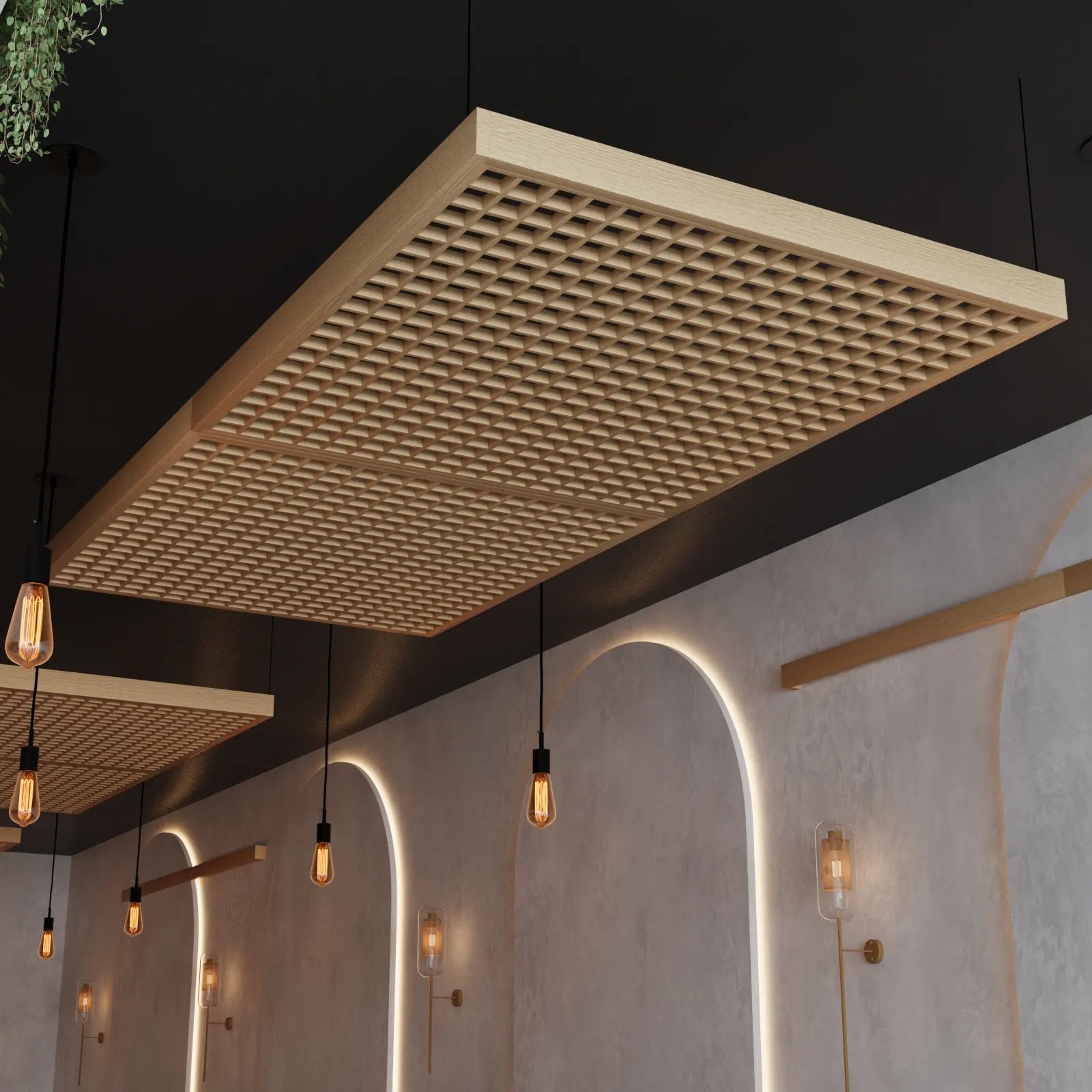 Ceiling with textured panel and hanging light bulbs in a modern interior setting