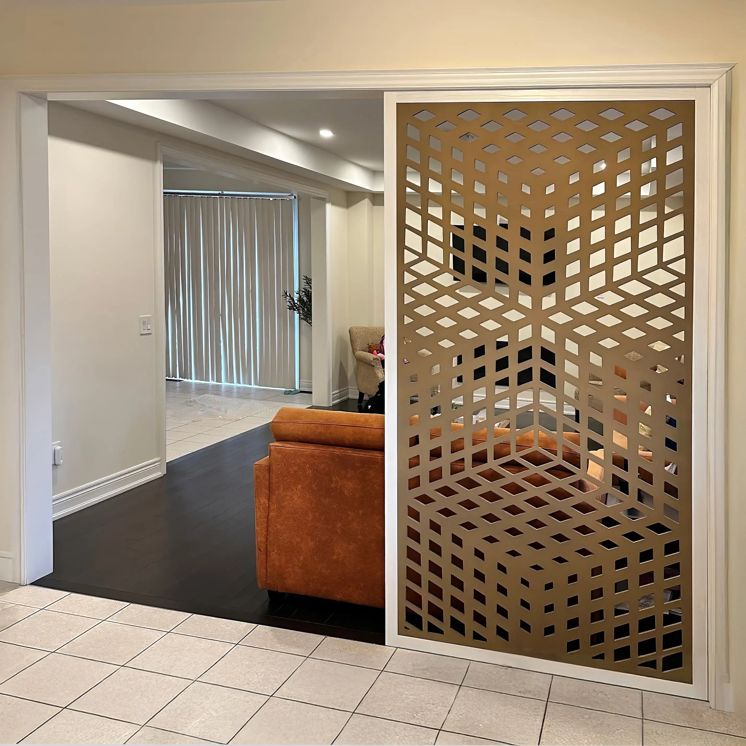 Decorative screen with geometric pattern in a modern interior setting