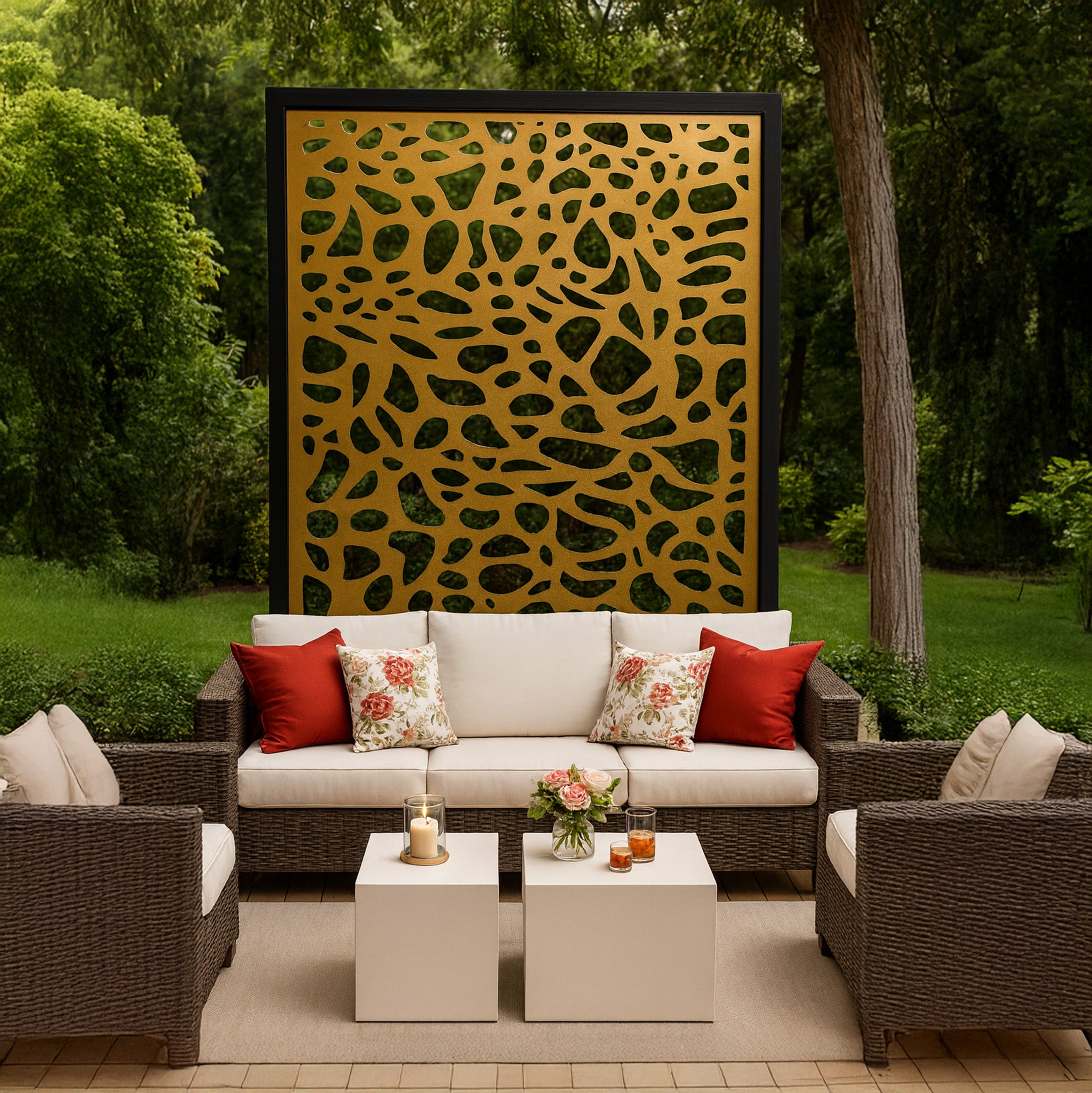 Outdoor patio set with patterned screen, cushions, and small table in a garden setting.