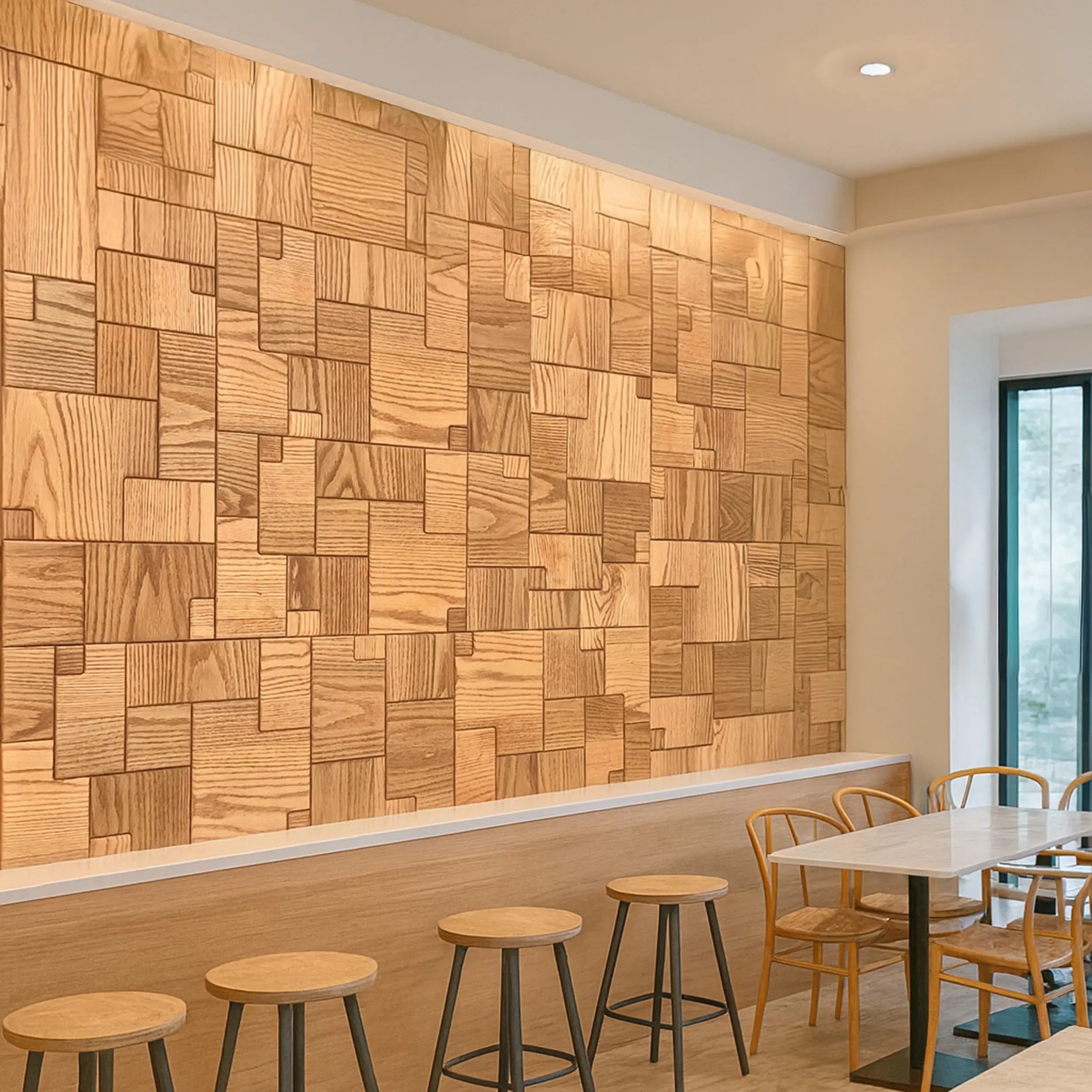 Wooden wall paneling with stools and a table in a modern interior setting