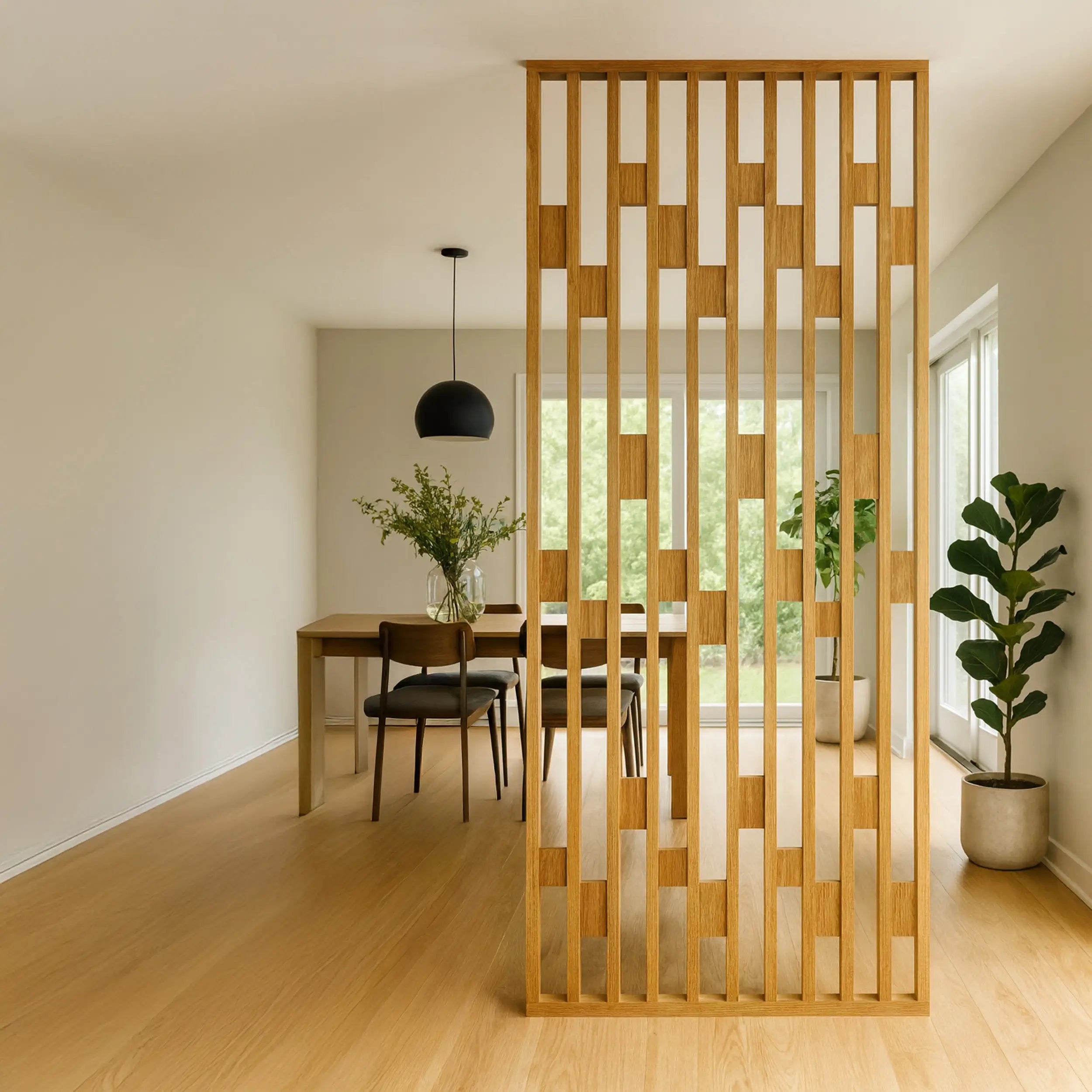 Wooden room divider in a modern living room with a dining area.
