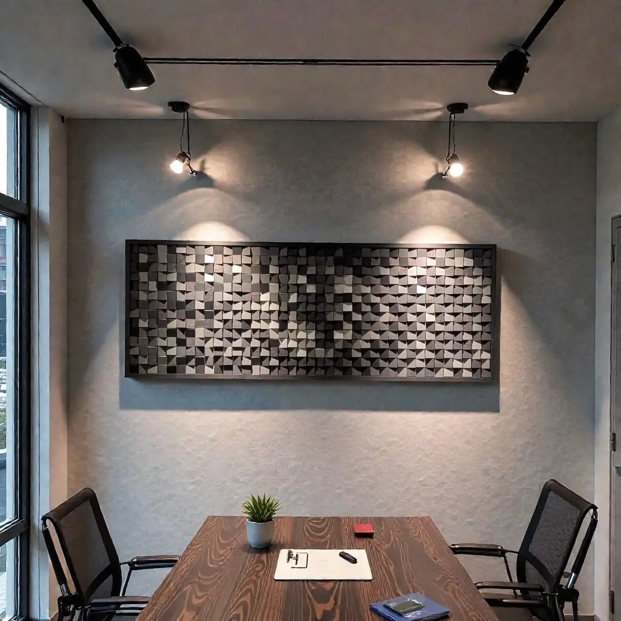 Modern office interior with a large wall art piece, desk, and chairs.