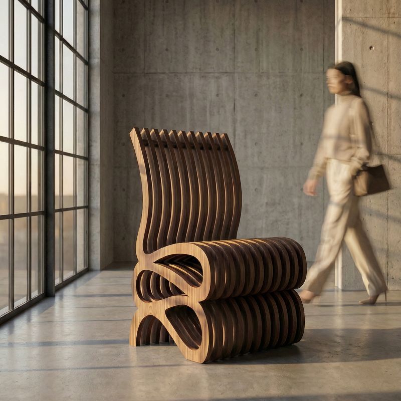 A sculptural wooden chair made of layered curved slats stands in a modern concrete-walled interior with large windows. A woman in light beige clothing walks blurred in the background near the right side.