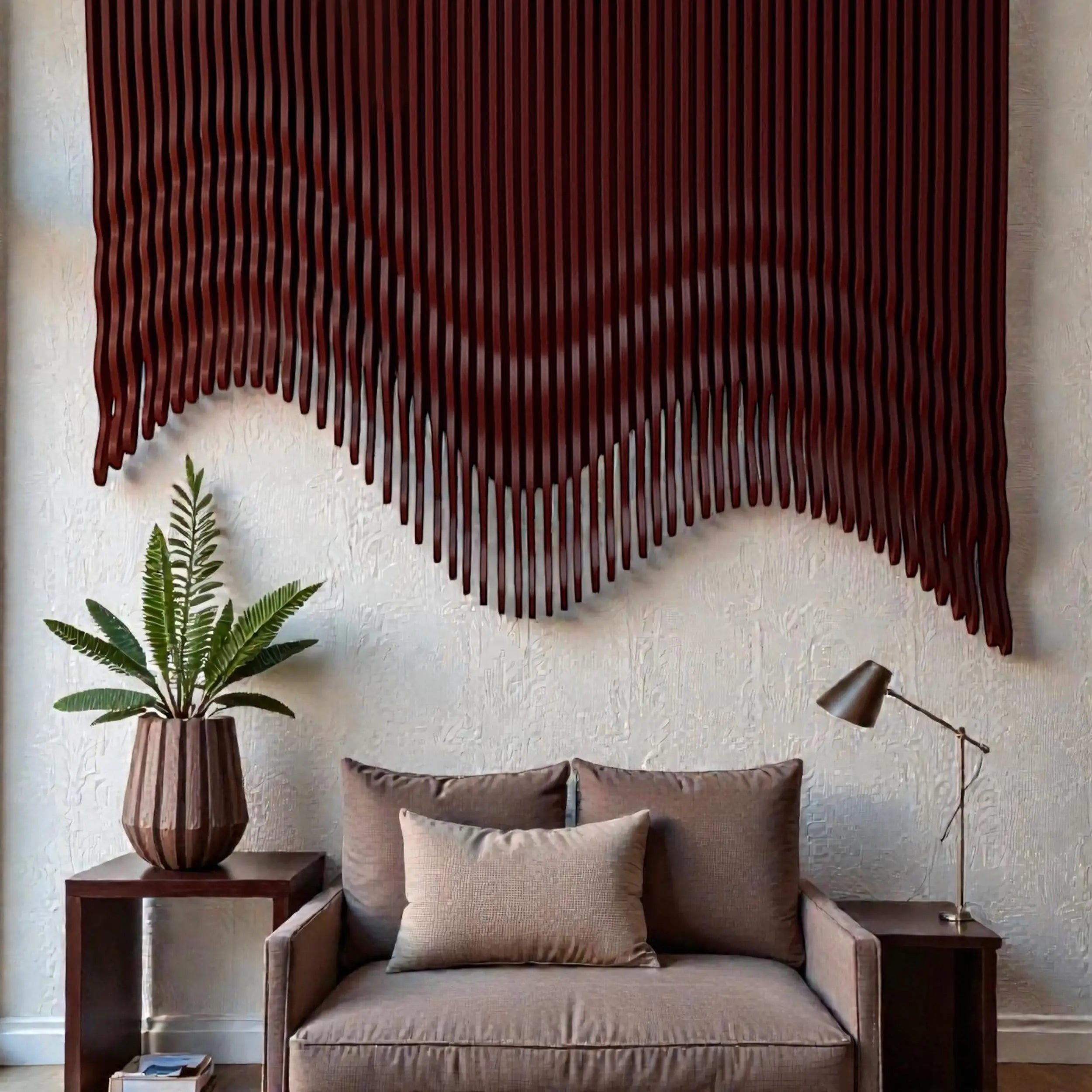 Living room with a brown armchair, decorative pillow, plant, and wall art.