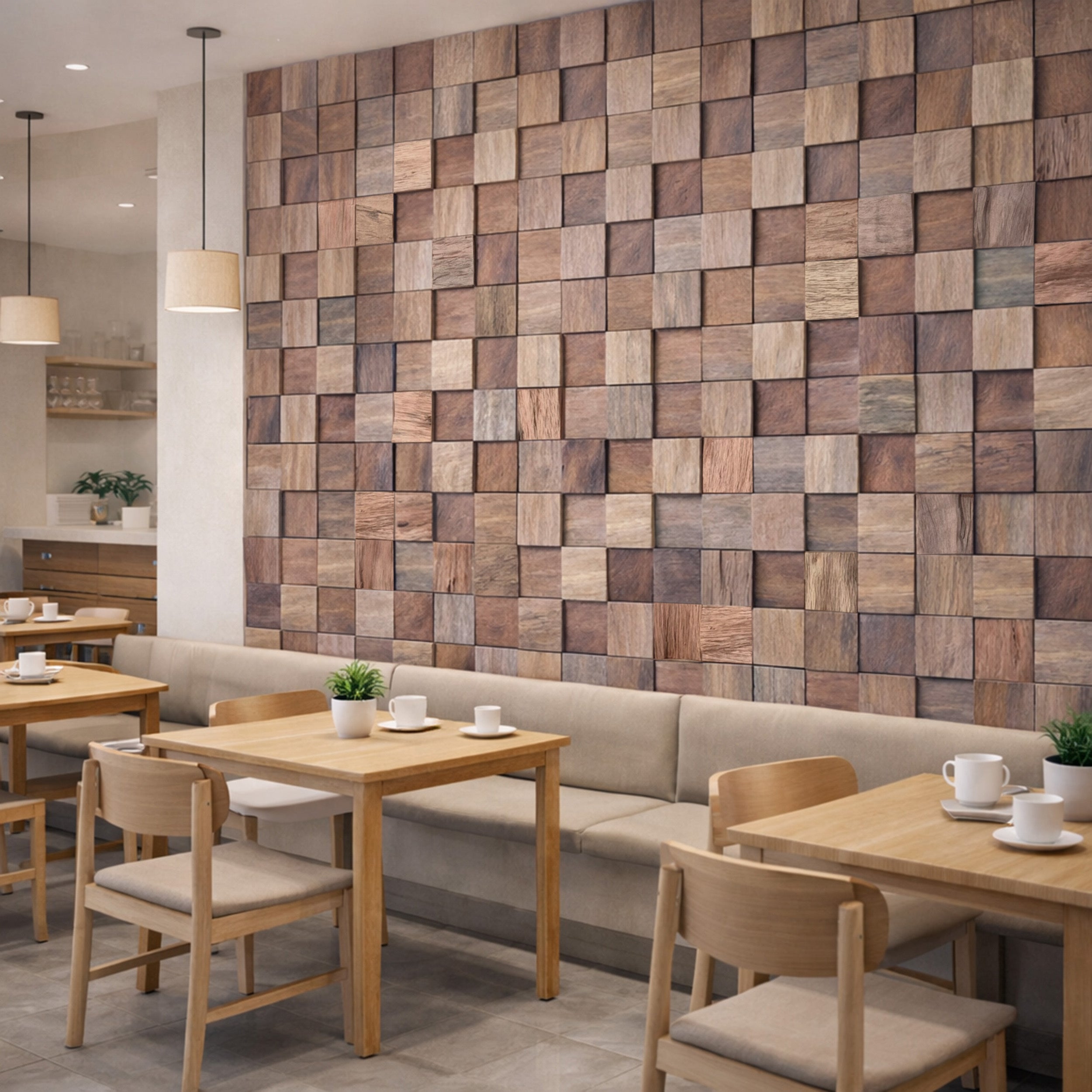 Dining area with wooden tables and chairs against a wall of wooden square panels.