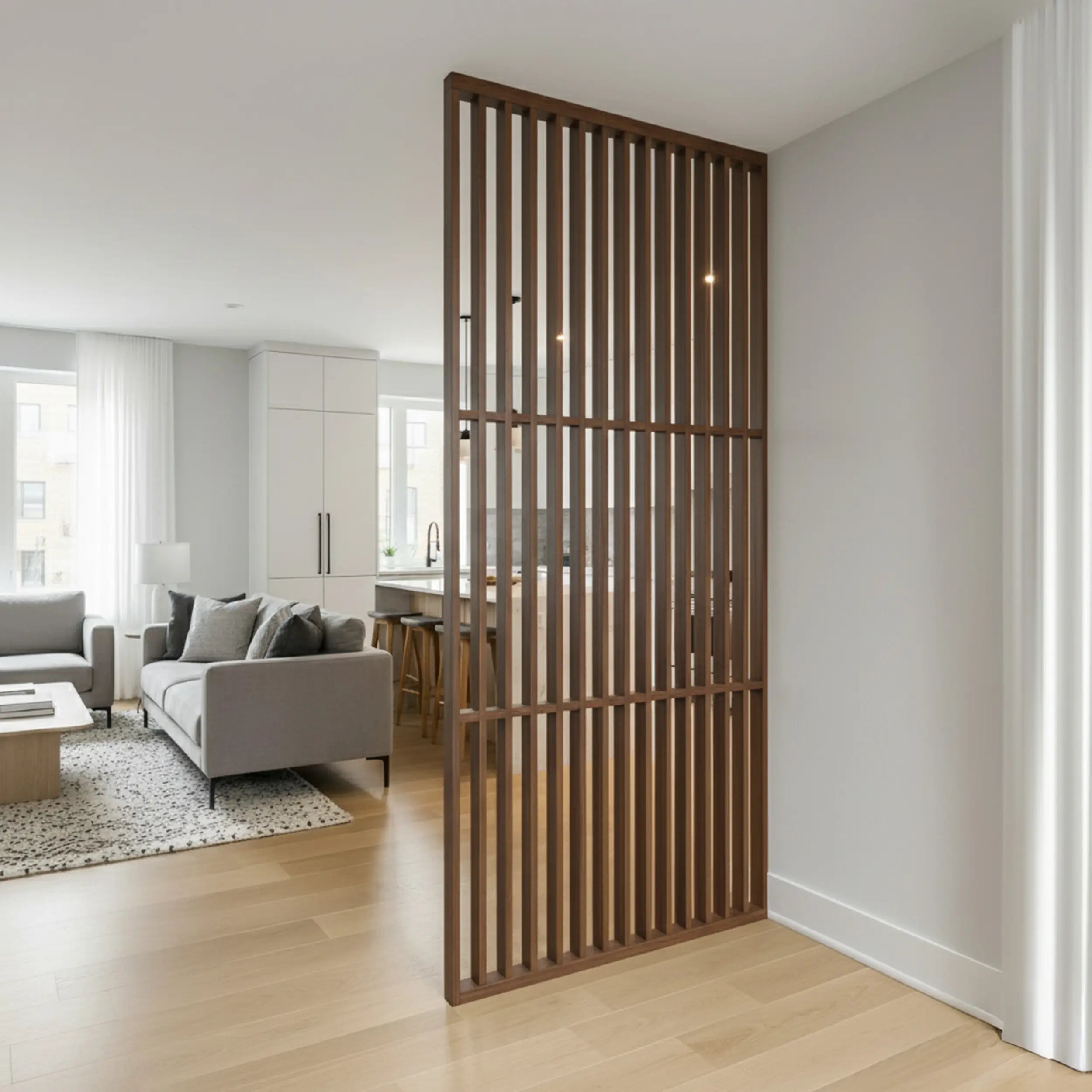 Wooden room divider in a modern living room setting