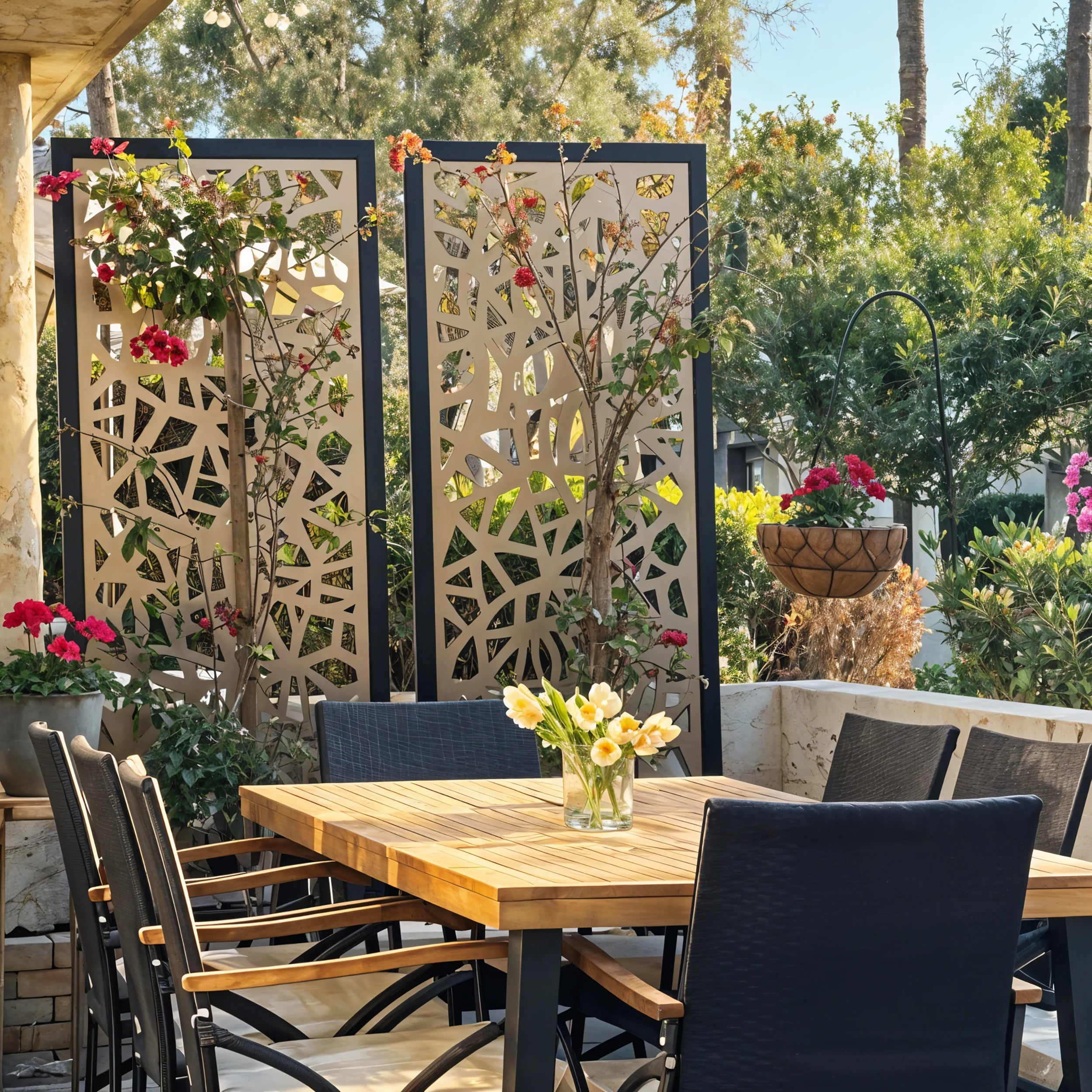 Outdoor patio setting with a wooden table, chairs, and decorative screen with floral patterns.