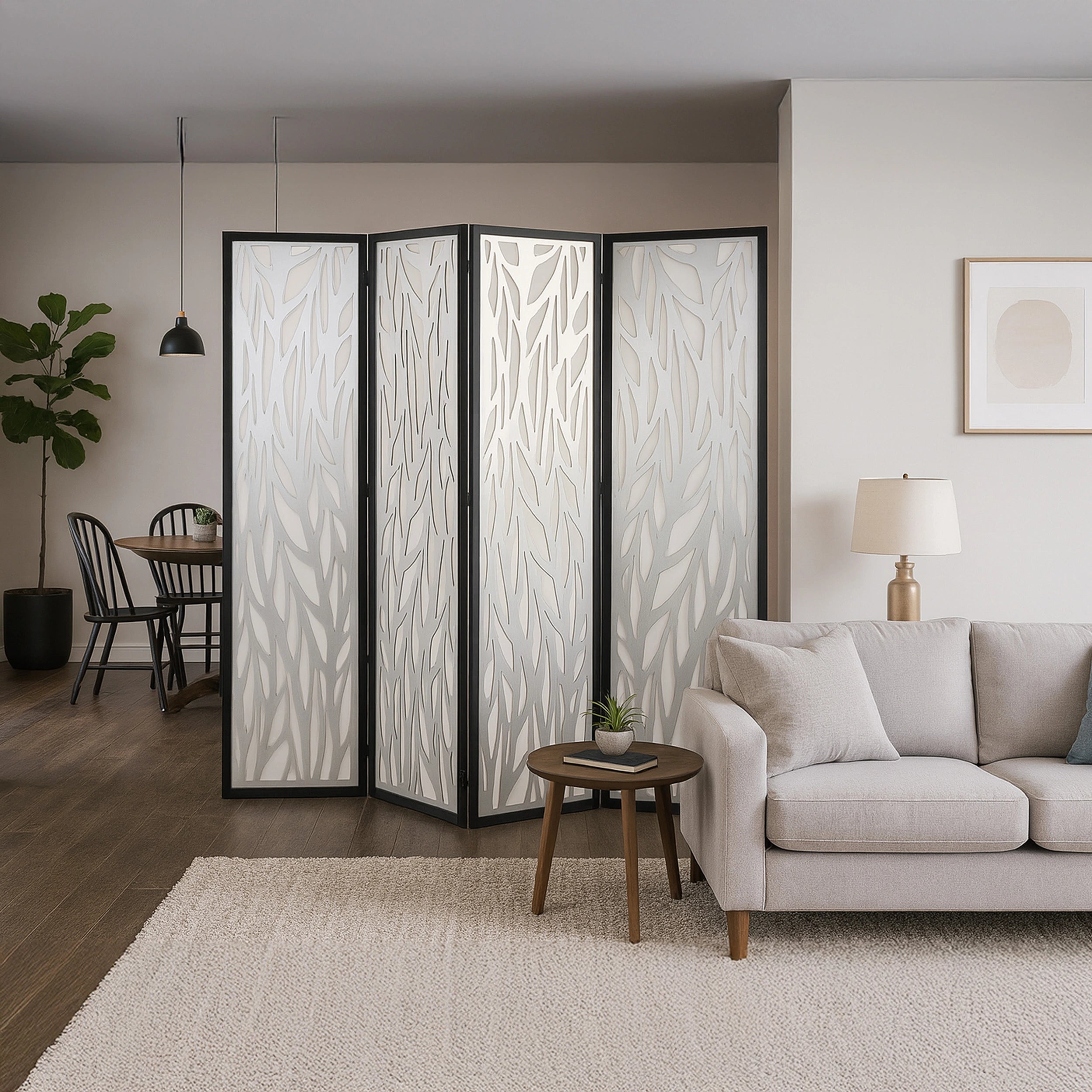 Living room with a decorative screen, sofa, and small table.