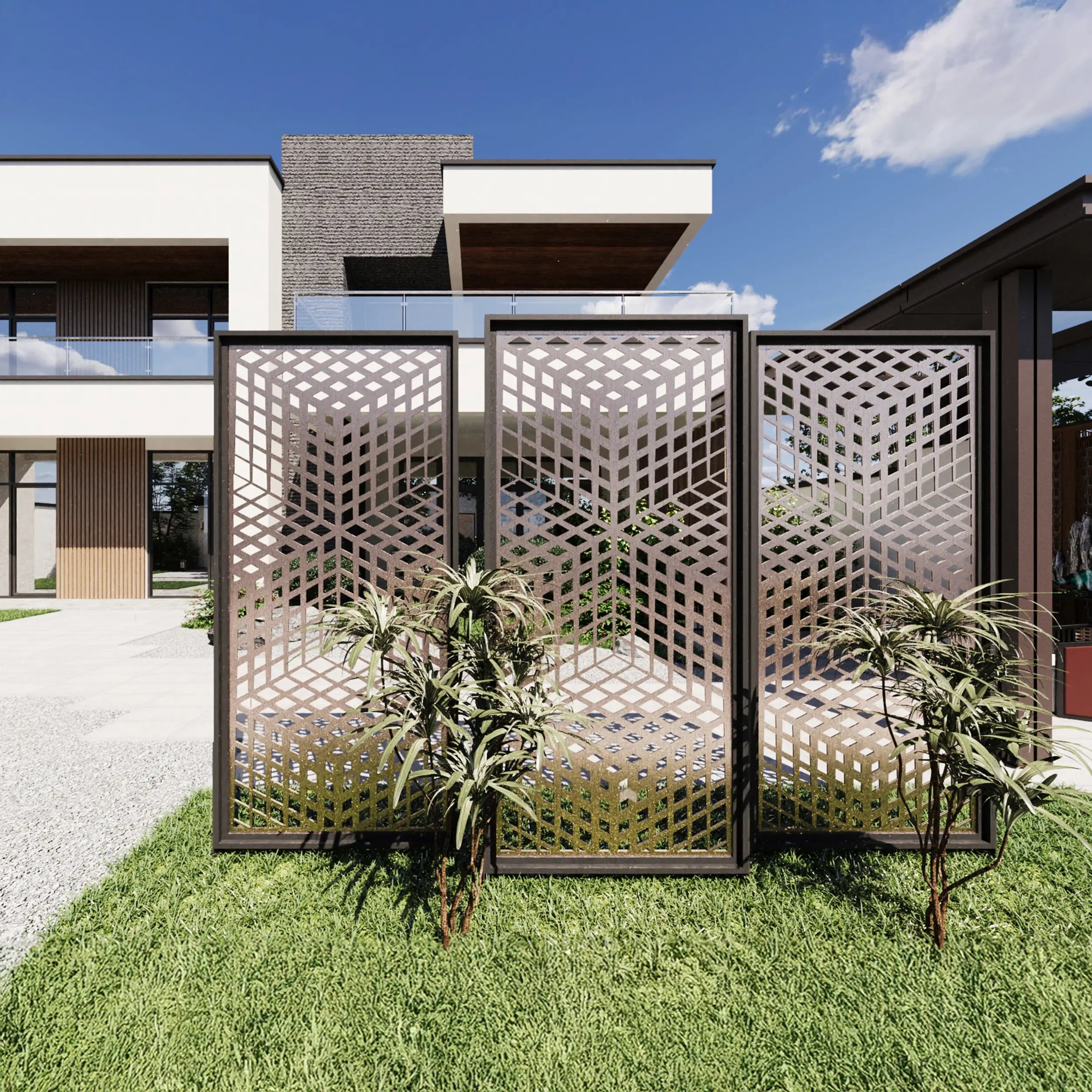 Decorative outdoor screen with geometric pattern on a grassy area in front of a modern house.