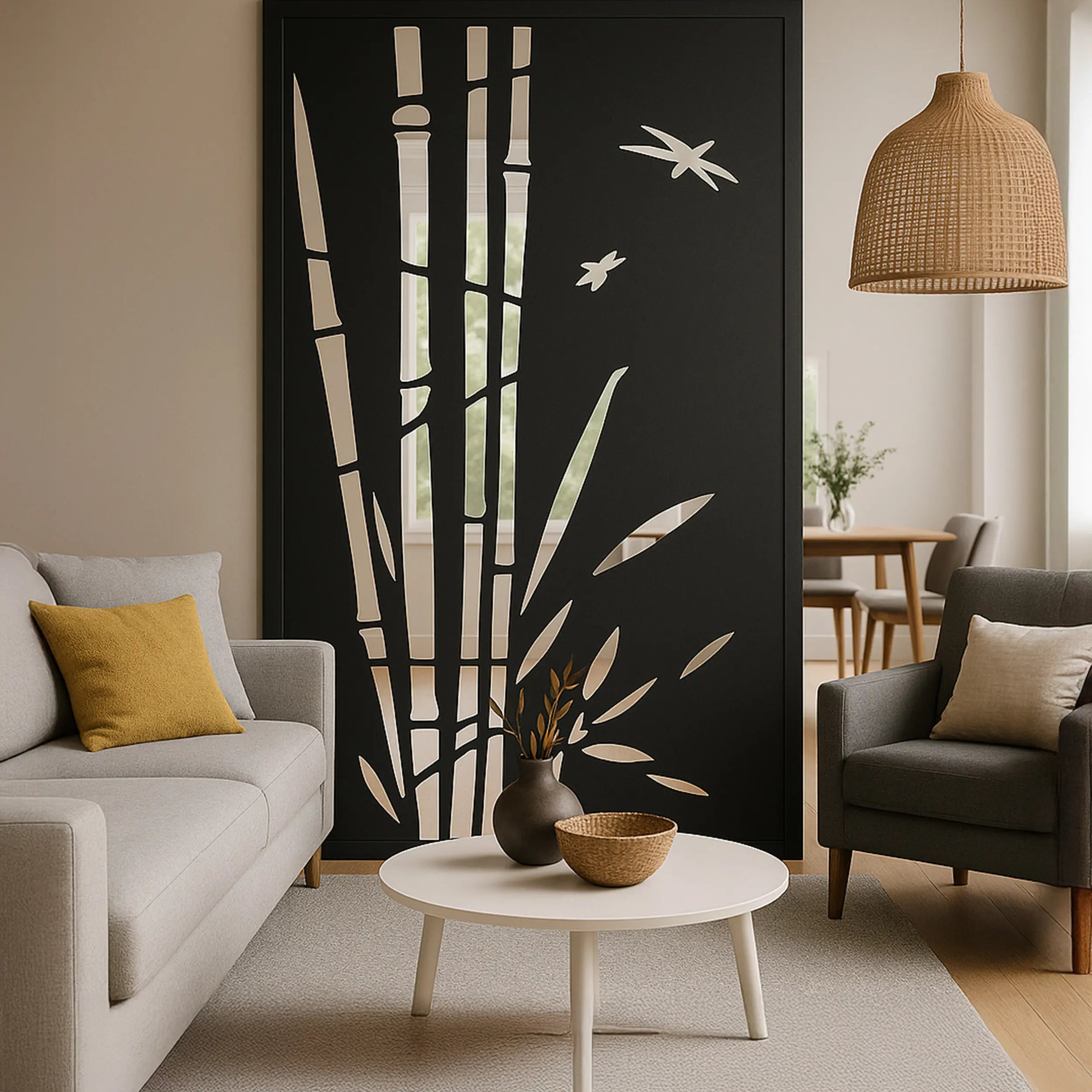 Modern living room with a decorative screen featuring bamboo and birds, gray sofa, and armchair.