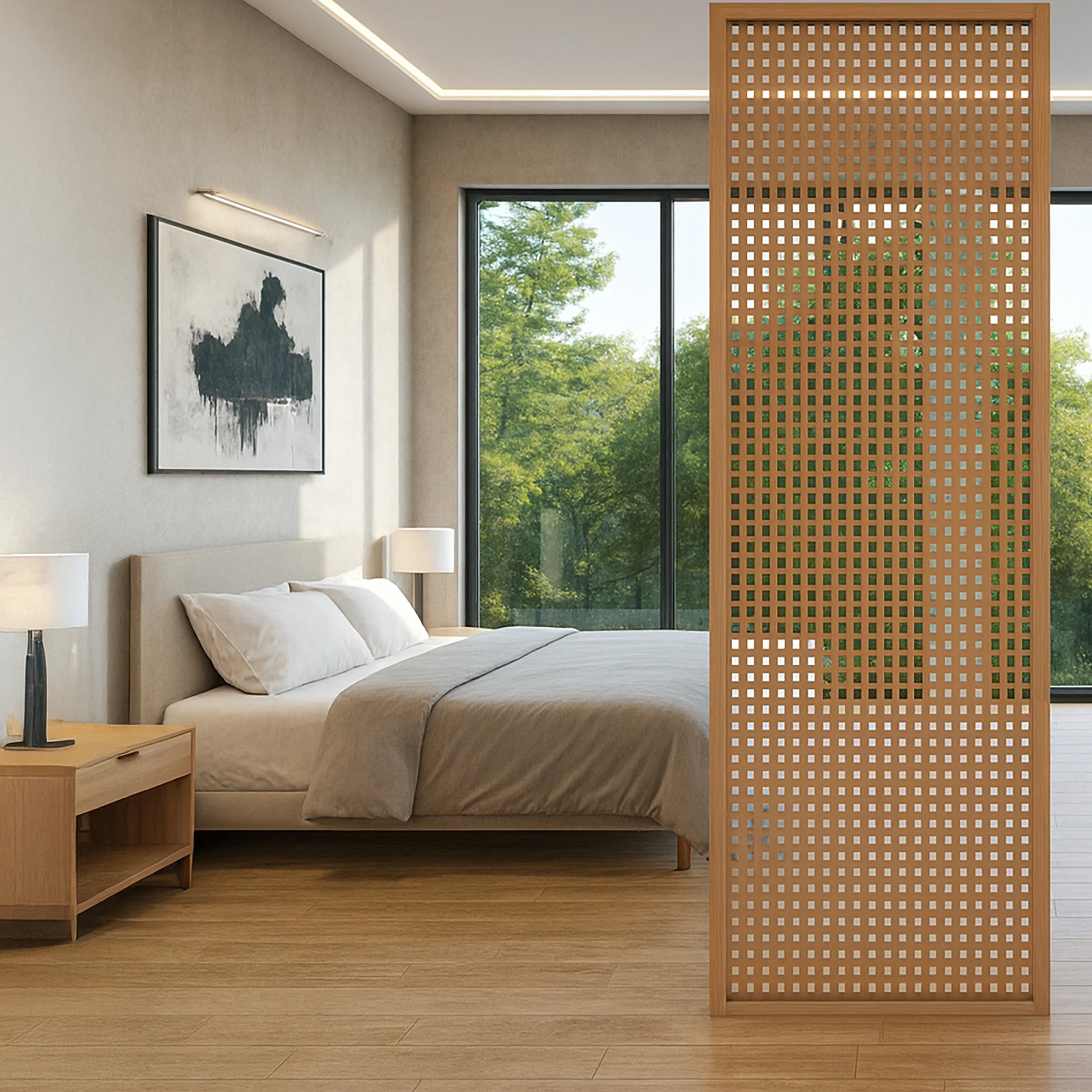 Modern bedroom with wooden floor, bed, and decorative wall art.