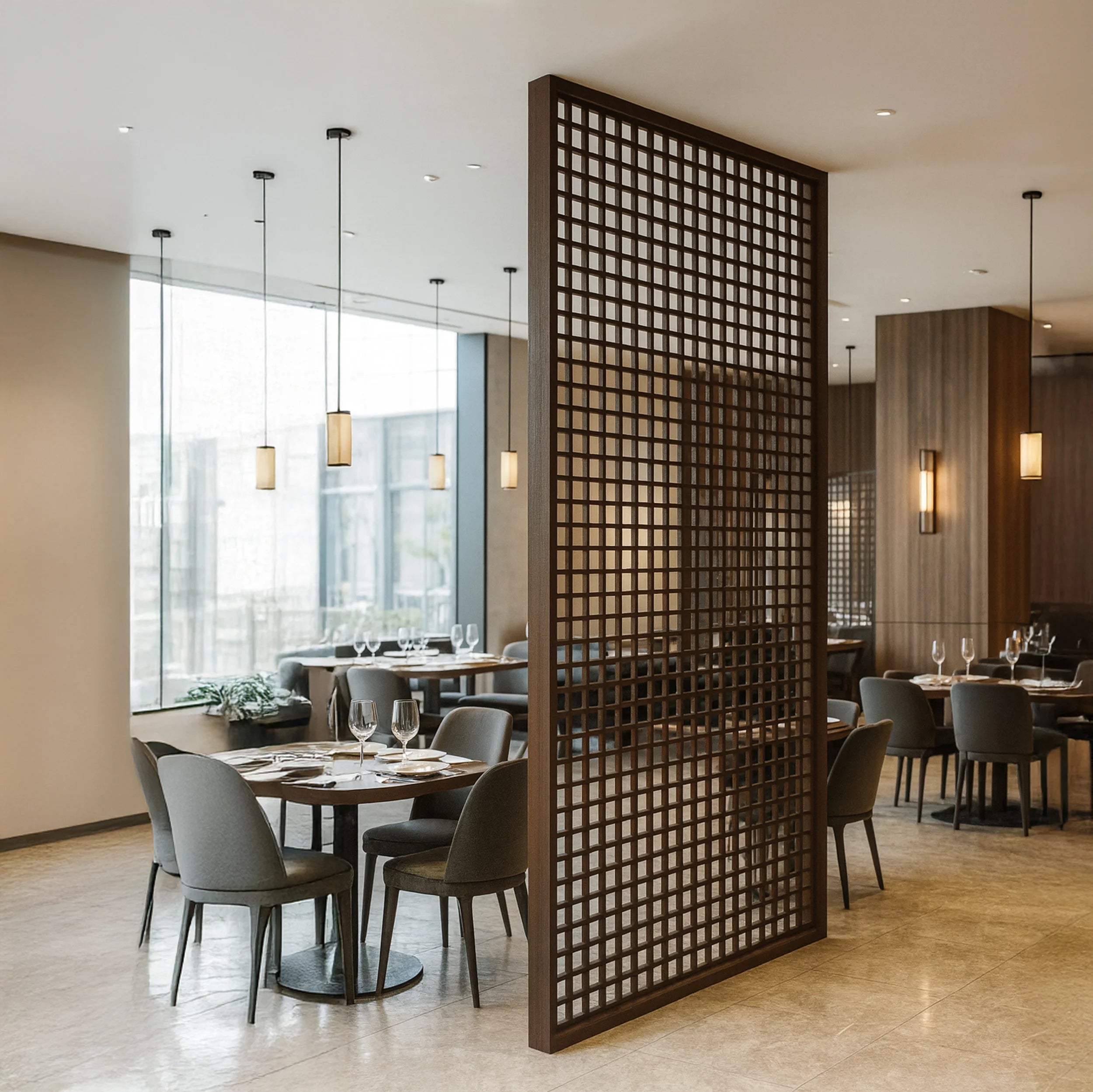 Modern restaurant interior with wooden lattice screen, tables, and chairs.