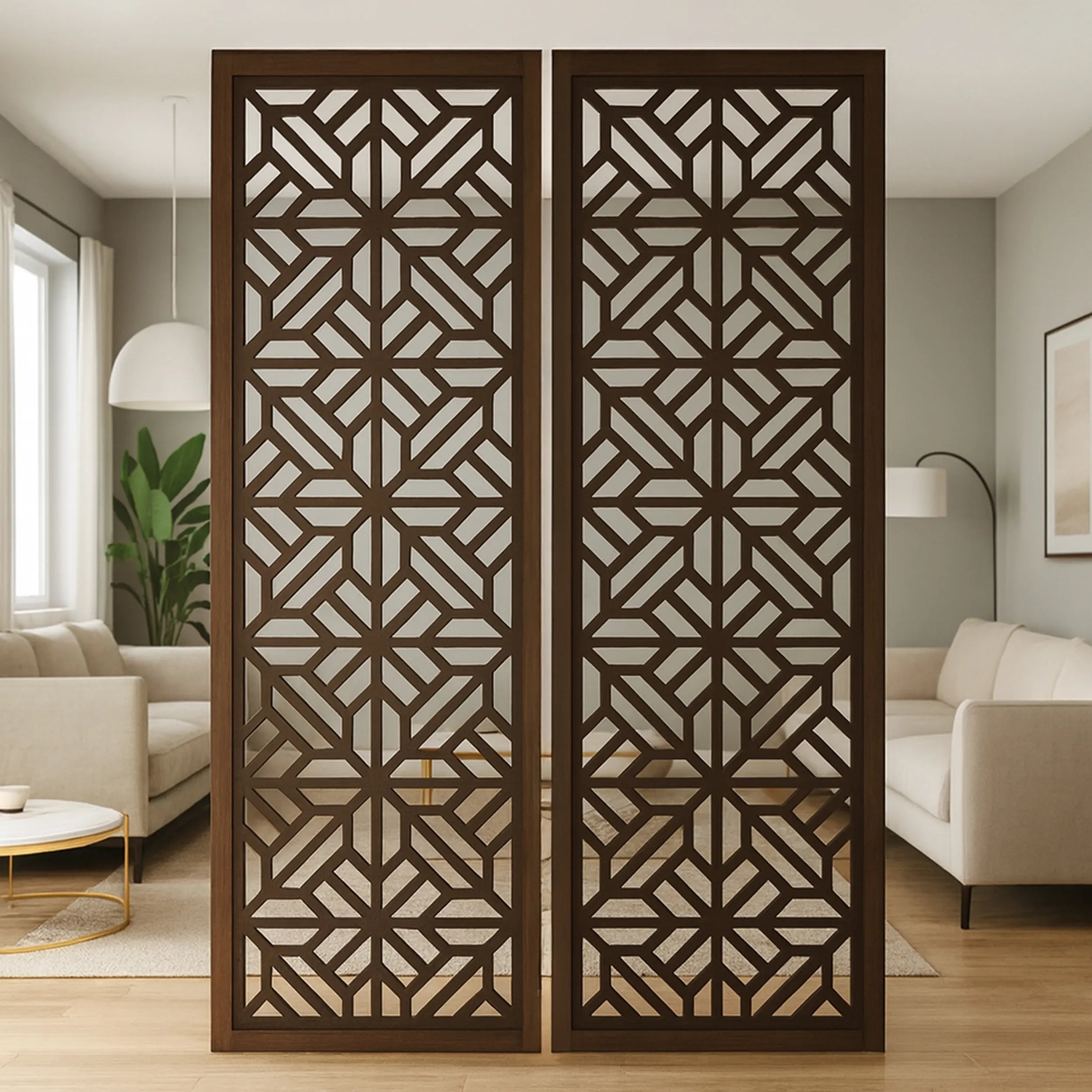 Decorative room divider with geometric pattern in a living room setting