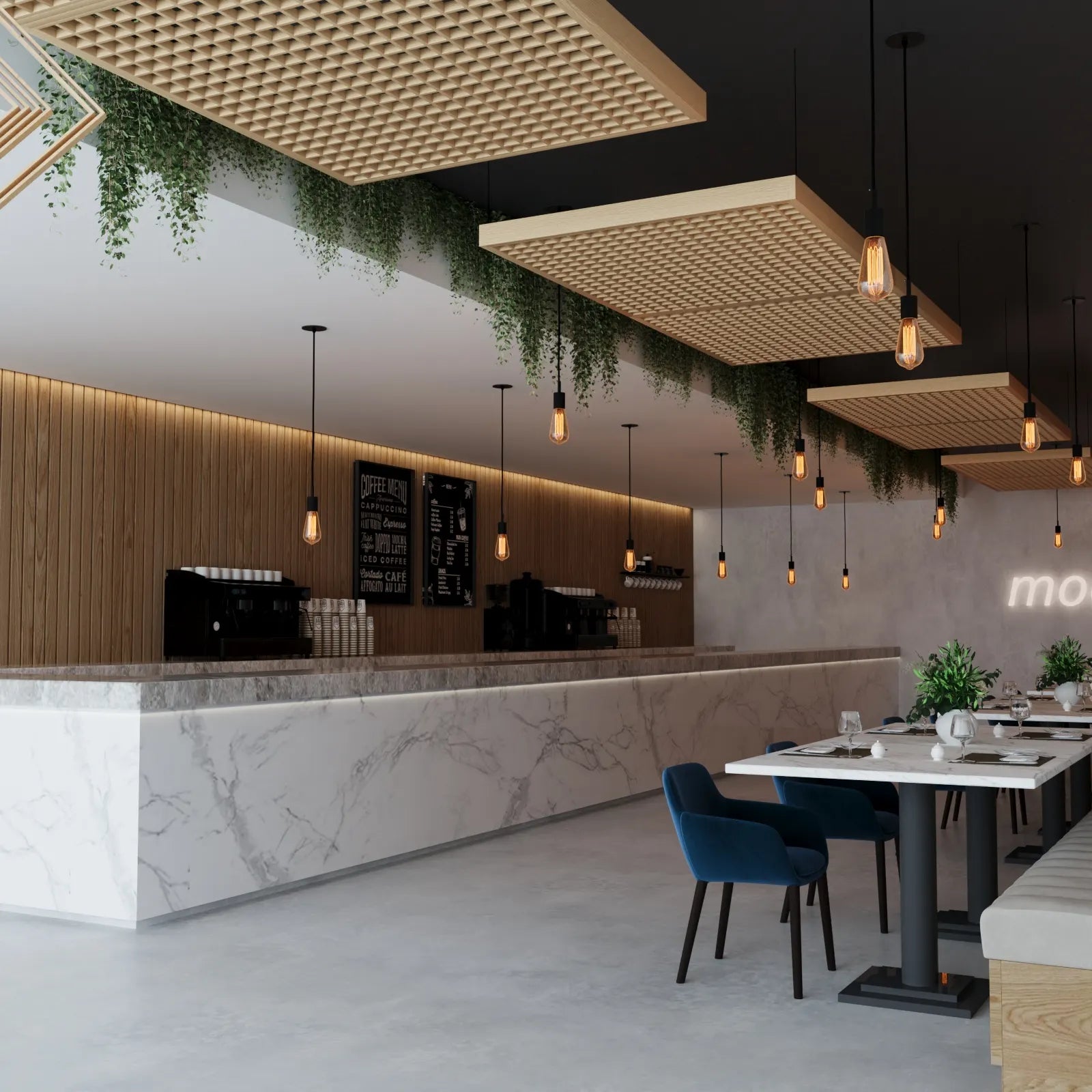 Modern interior of a restaurant with a counter and dining area.