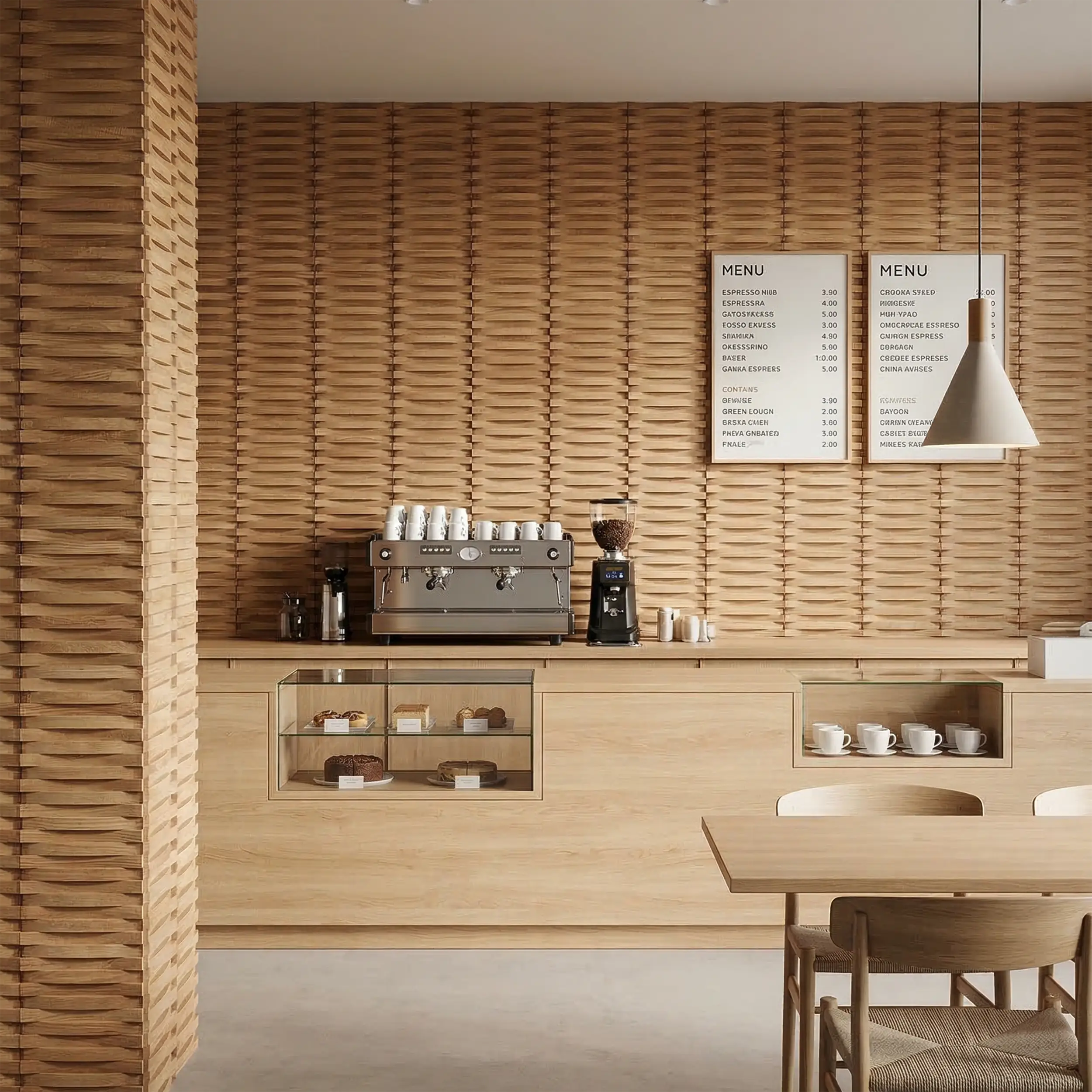 Modern coffee bar with wooden walls and a coffee machine.
