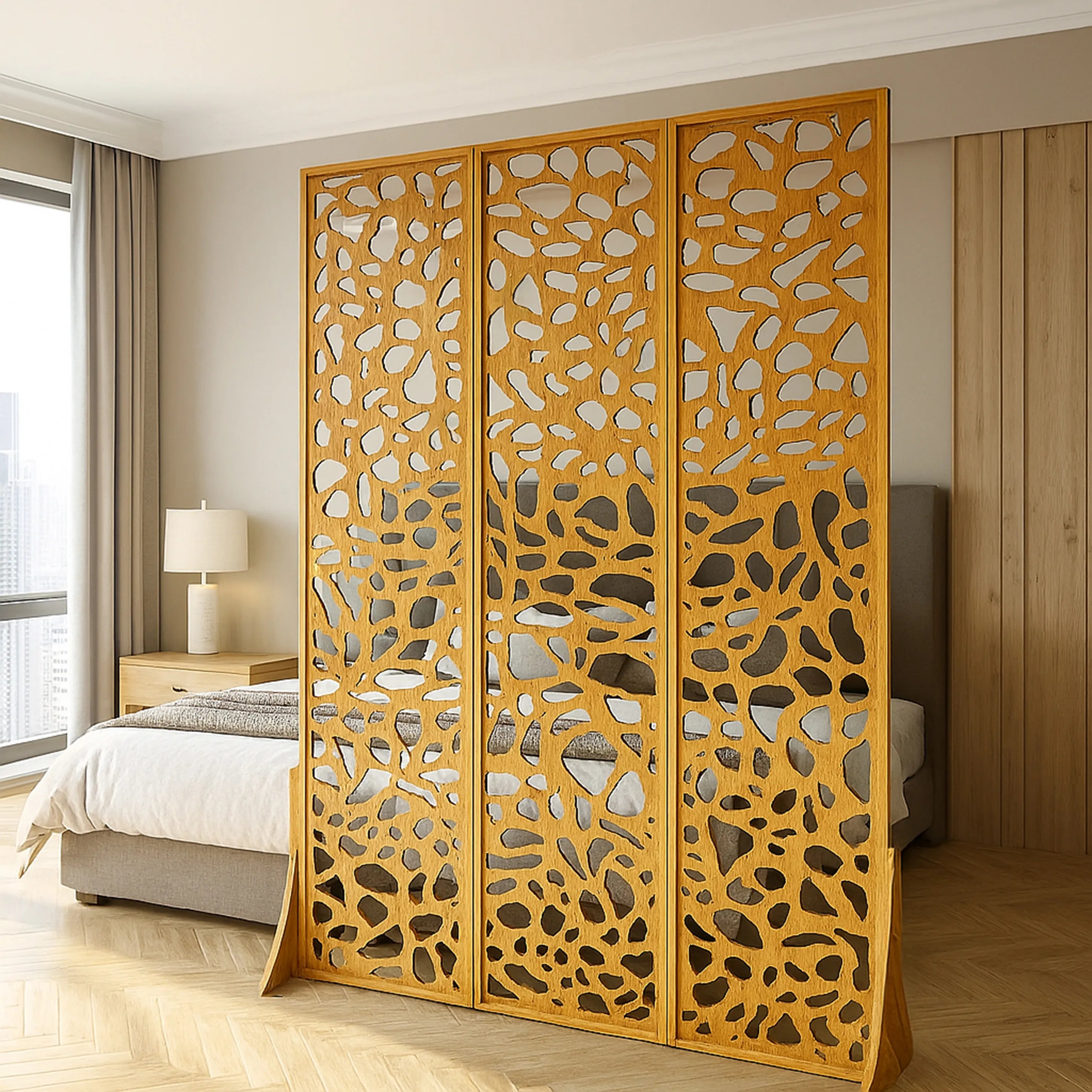Wooden temporary room divider with decorative cut-out design in a bedroom setting.