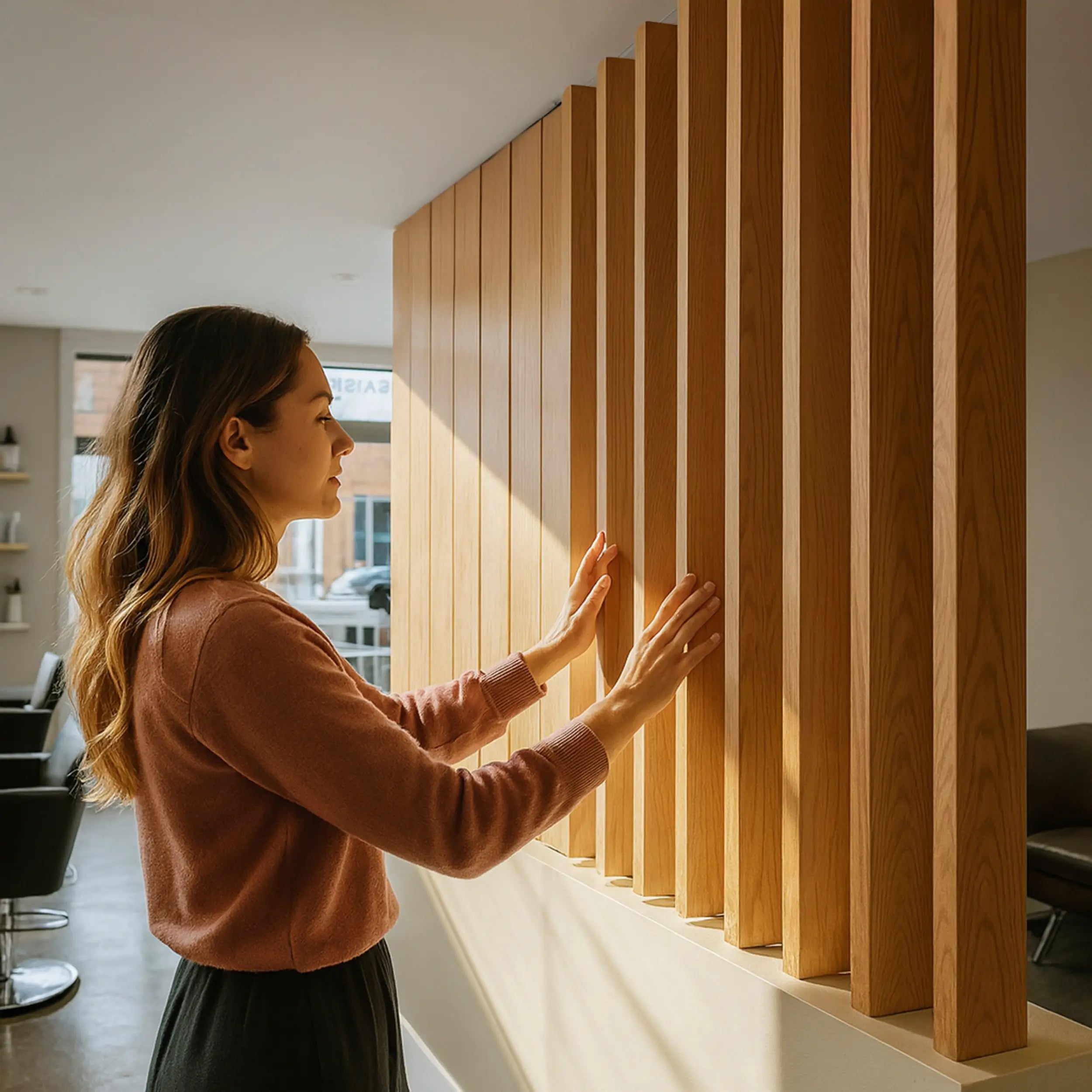 Woman touching a wooden slat wall in a modern interior setting